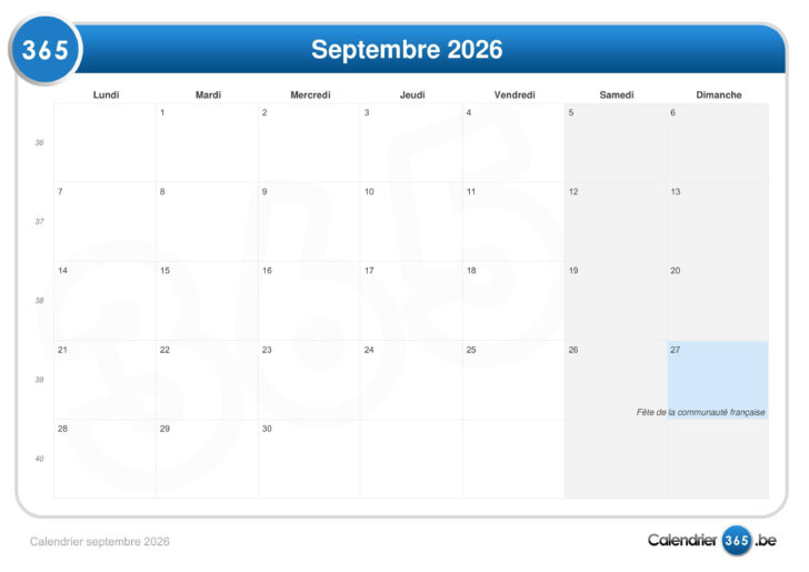 Calendrier Septembre 2026