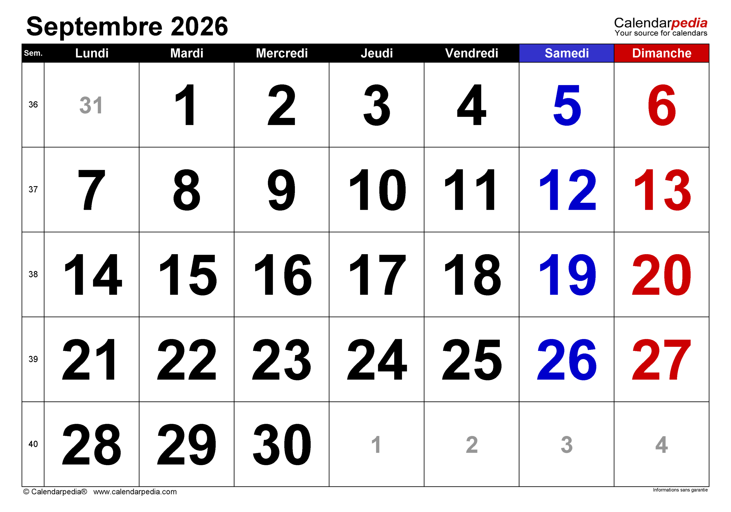 Calendrier Septembre 2026 Pdf, Excel Et Word | Calendarpedia | Septembre 2026 Calendrier