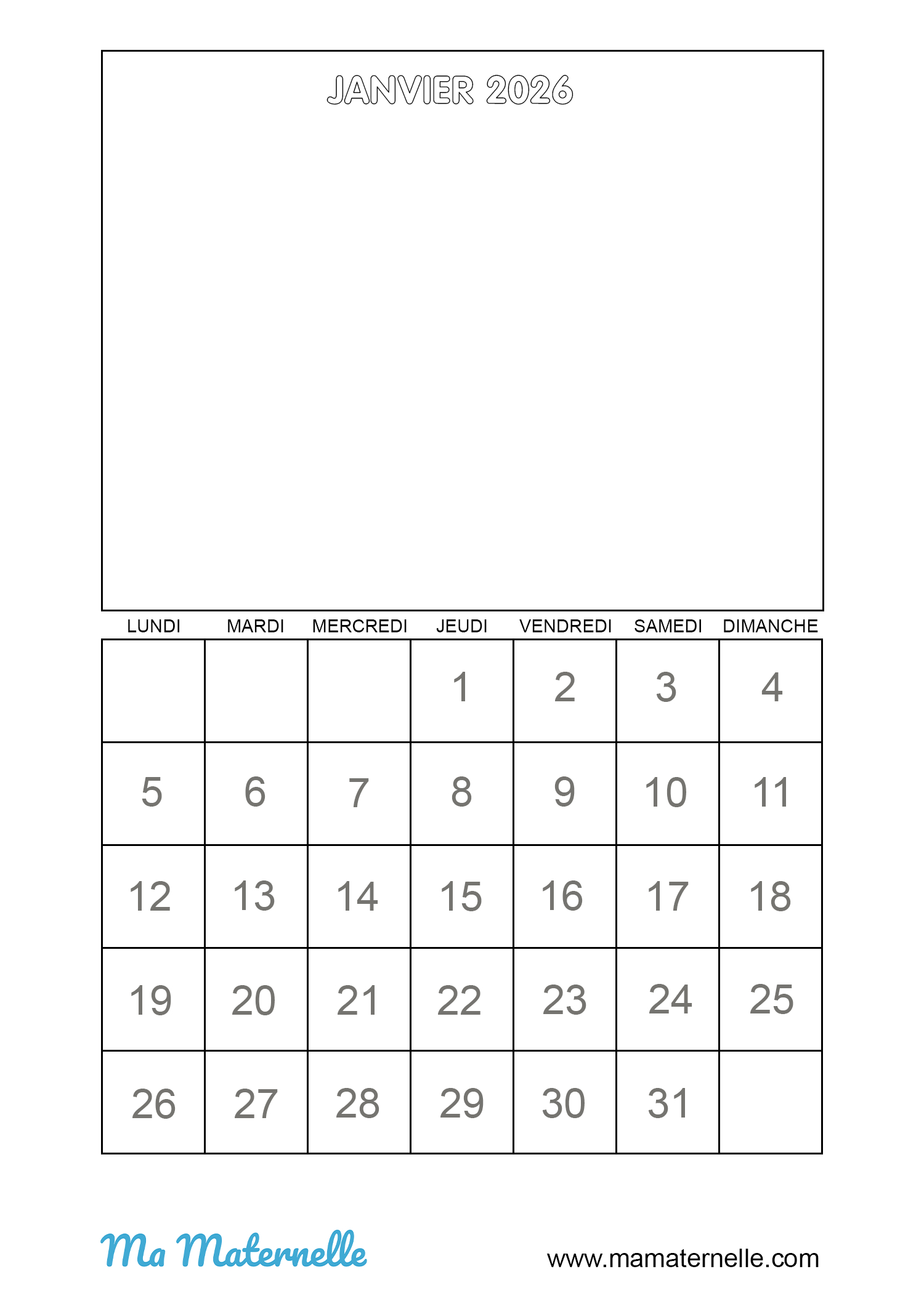 Calendrier Vierge Janvier 2026 - Ma Maternelle | Calendrier Janvier 2026 Maternelle