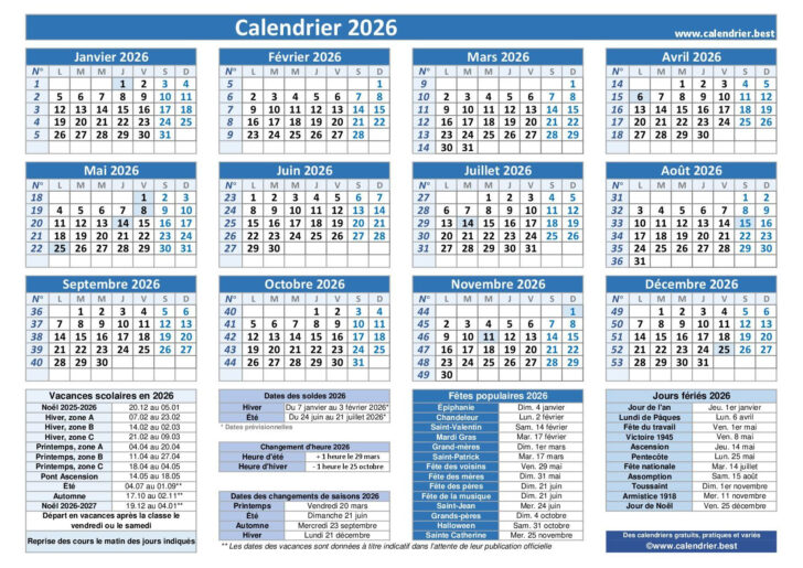 Calendrier 2026 avec Semaine