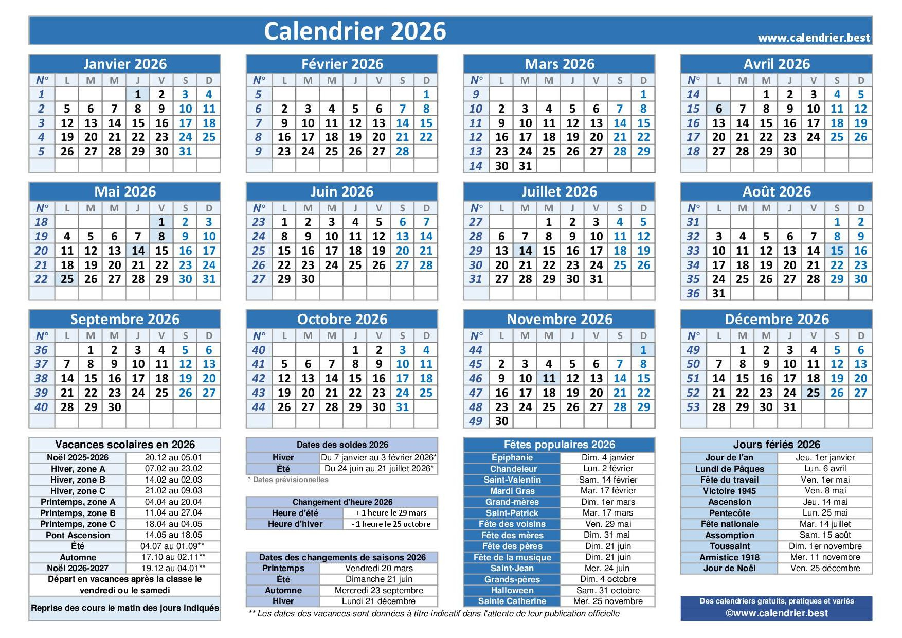 Calendriers 2026 À Imprimer Gratuitement En Pdf | Calendrier Semaines 2026