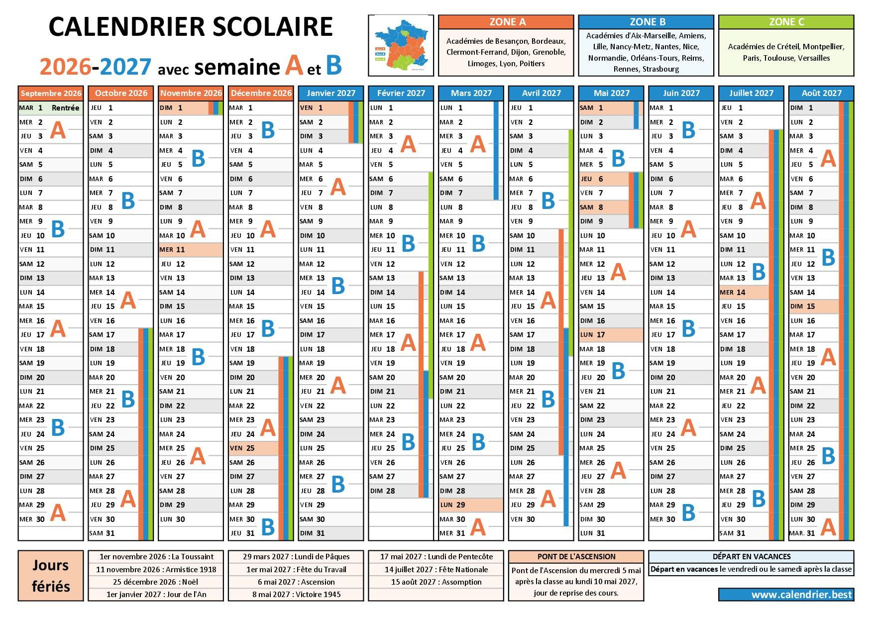 Dates Des Vacances Scolaires 2026-2027 - Calendrier Scolaire 2026 | Calendrier Vacances Scolaires 2026 2027