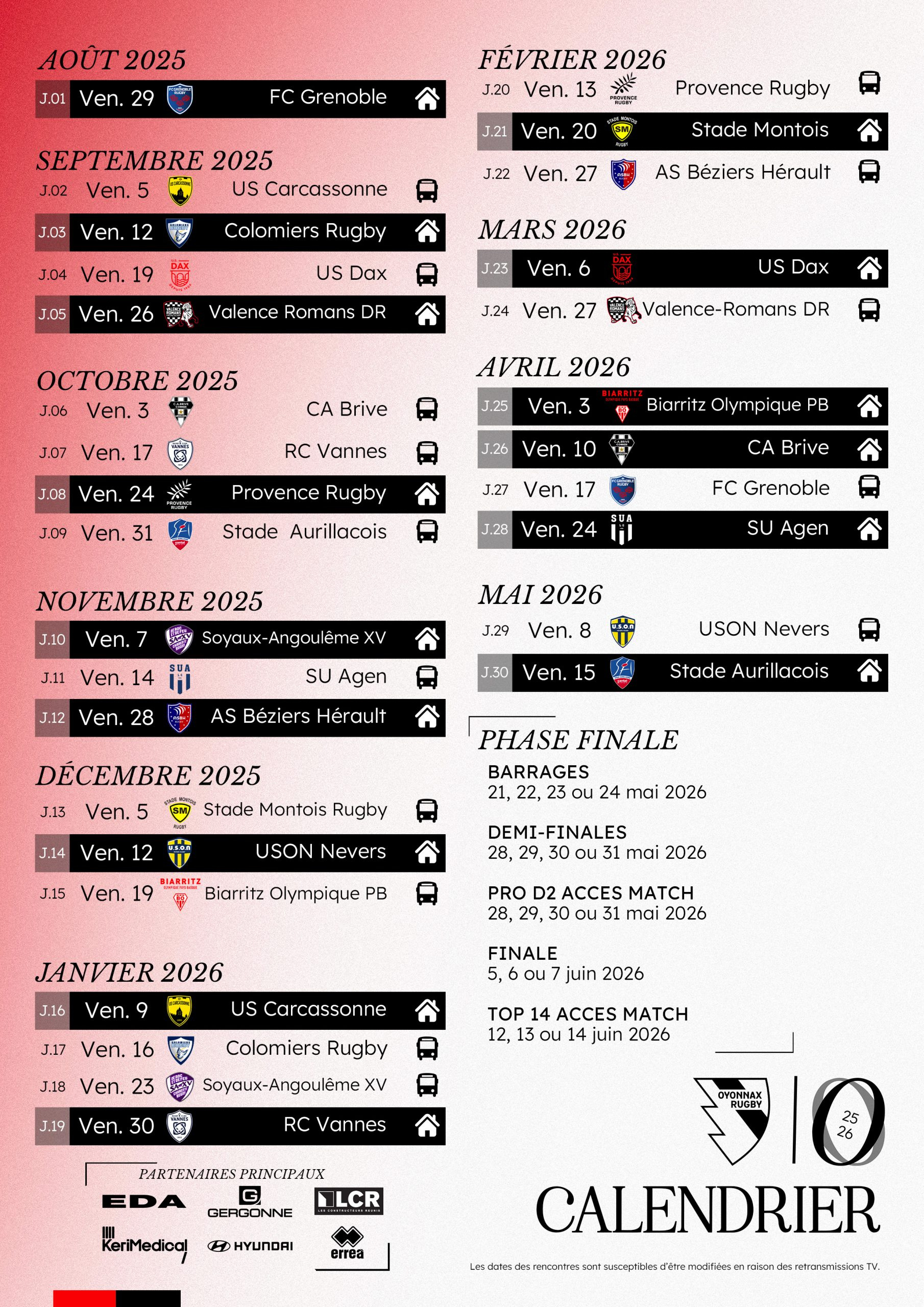 Découvrez Notre Calendrier 2025-2026 De Pro D2 – Oyonnax Rugby | Calendrier Pro D2 2025 2026
