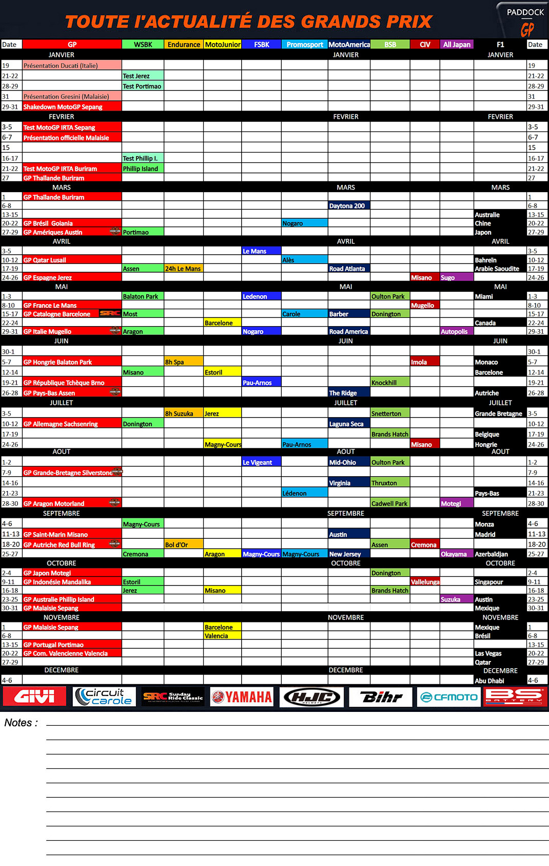 Druckbarer Kalender 2026: Motogp, Superbike, Langstreckenrennen | Moto GP 2026 Calendrier