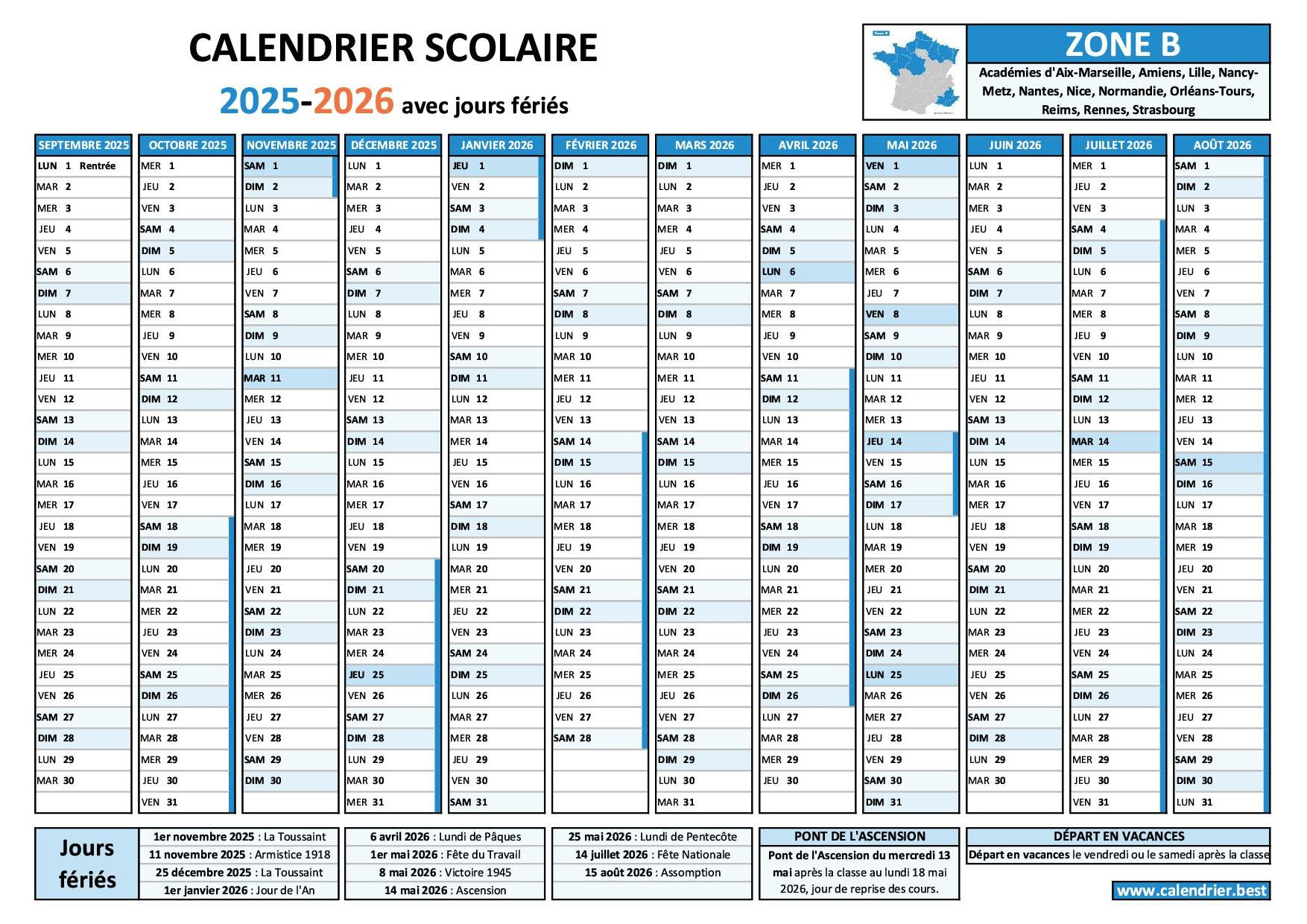📅 Calendrier 2026 À Imprimer : Vacances Scolaires, Jours Fériés | Calendrier 2026 avec Vacances Scolaires