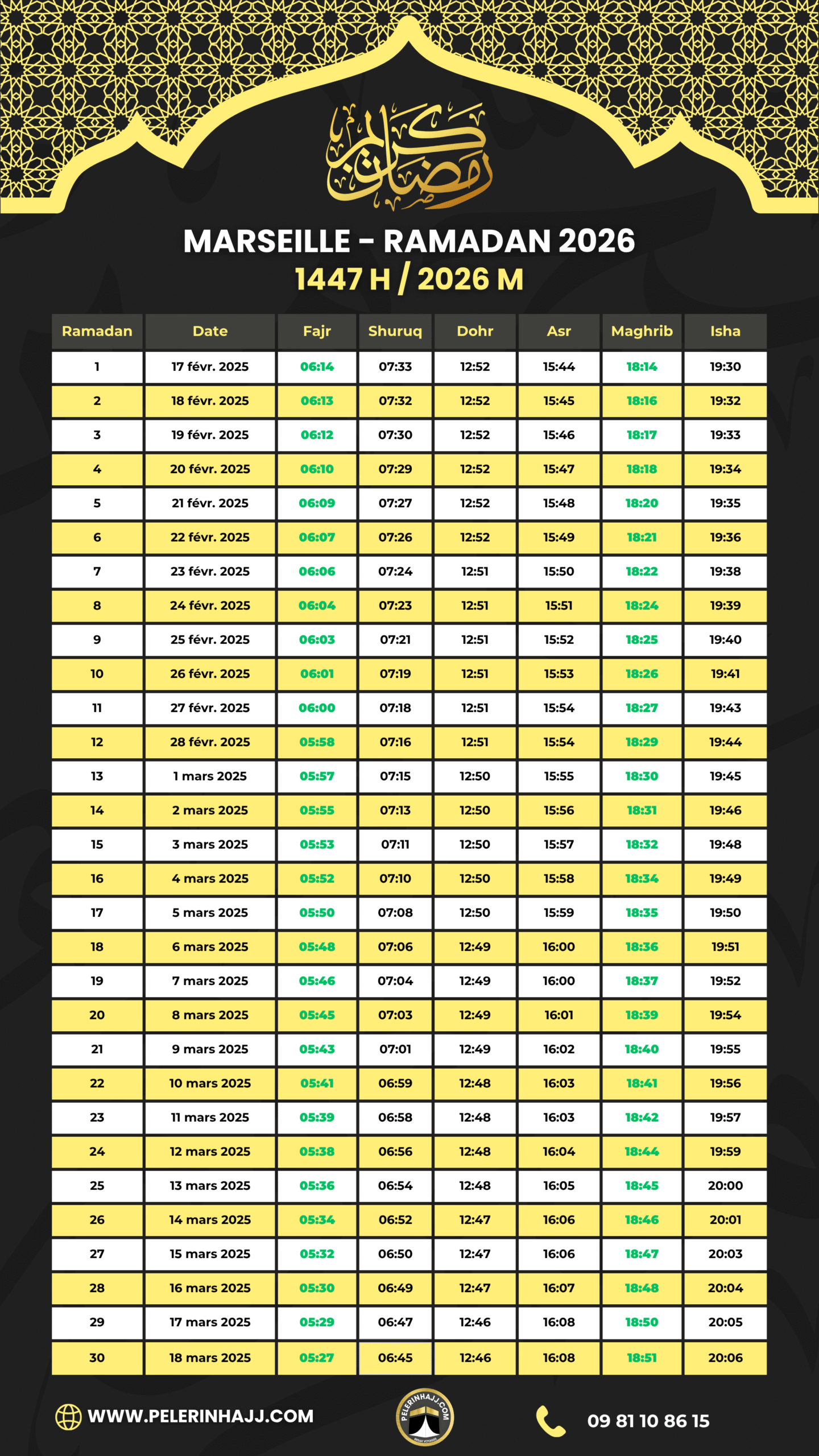 Horaire Ramadan 2026 Marseille À Télécharger – Pelerinhajj | Calendrier Ramadan 2026