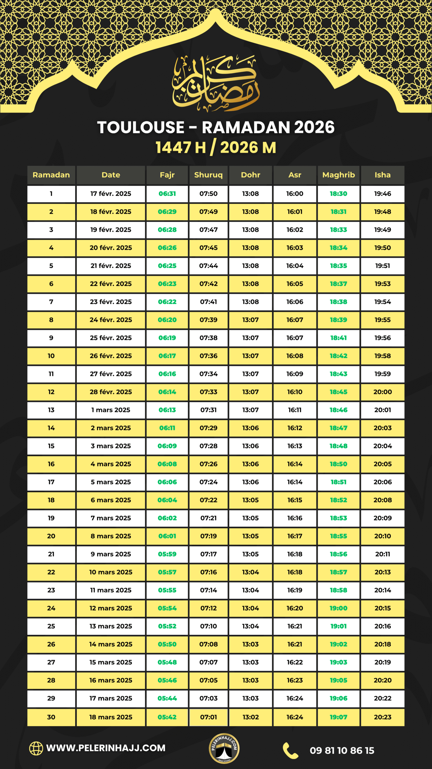 Horaire Ramadan 2026 Toulouse À Télécharger – Pelerinhajj | Ramadan 2026 Calendrier