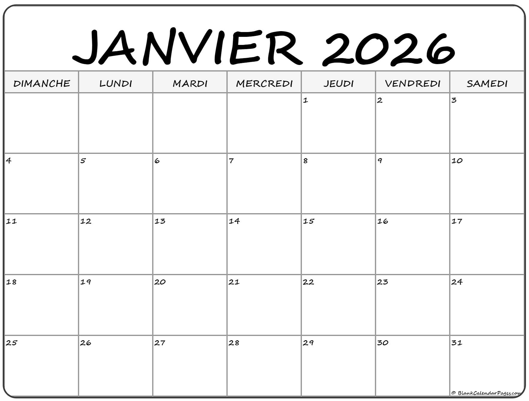 Janvier 2026 Calendrier Imprimable | Calendrier Gratuit | Calendrier Gratuit 2026 à Imprimer
