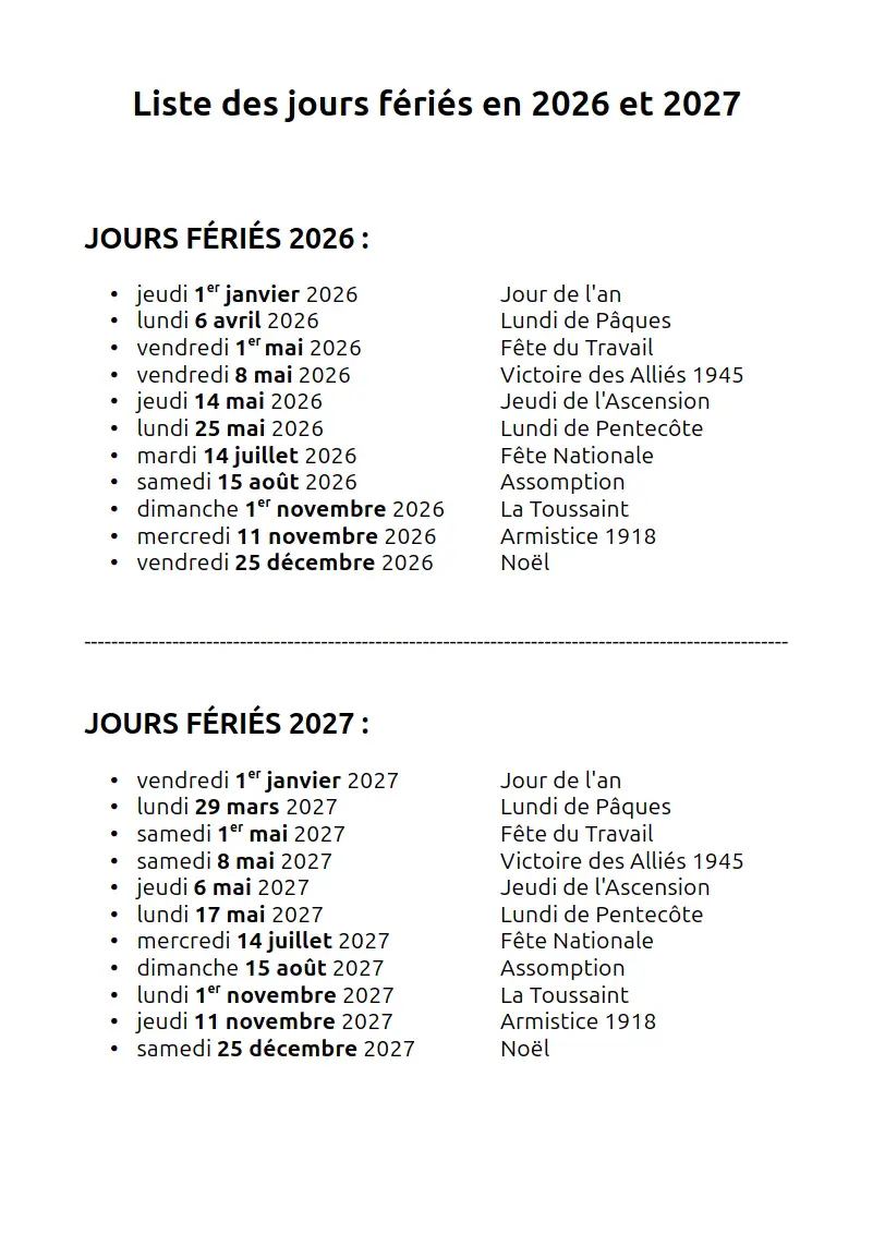 Jours Fériés 2026 &amp;amp; 2027 ≡ Dates Officielles | Calendrier Férié 2026