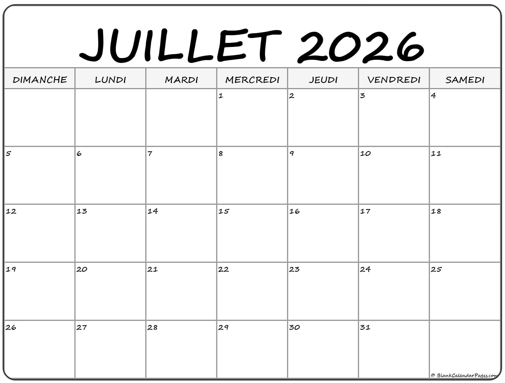 Juillet 2026 Calendrier Imprimable | Calendrier Gratuit | Calendrier Juillet 2026
