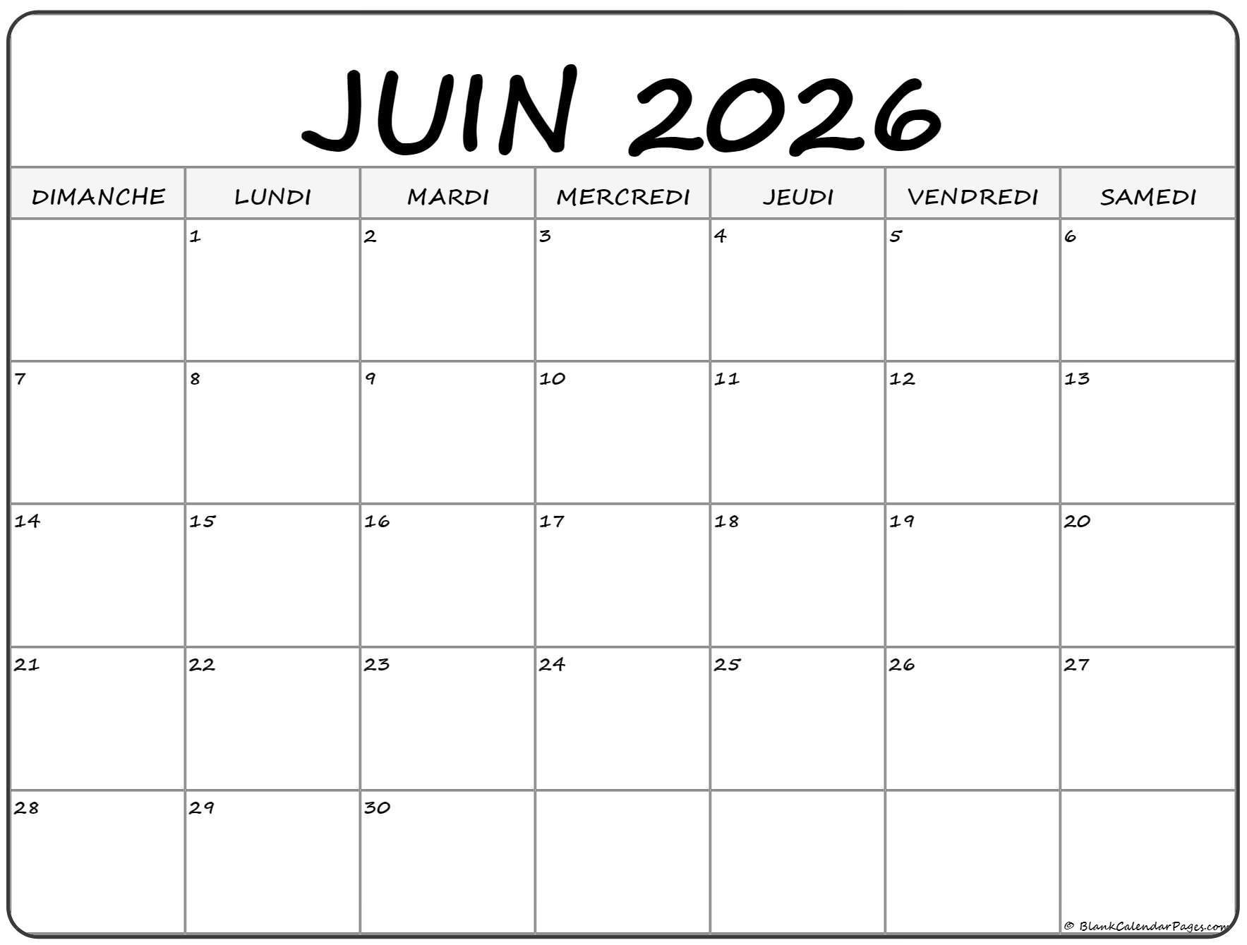 Juin 2026 Calendrier Imprimable | Calendrier Gratuit | Juin 2026 Calendrier