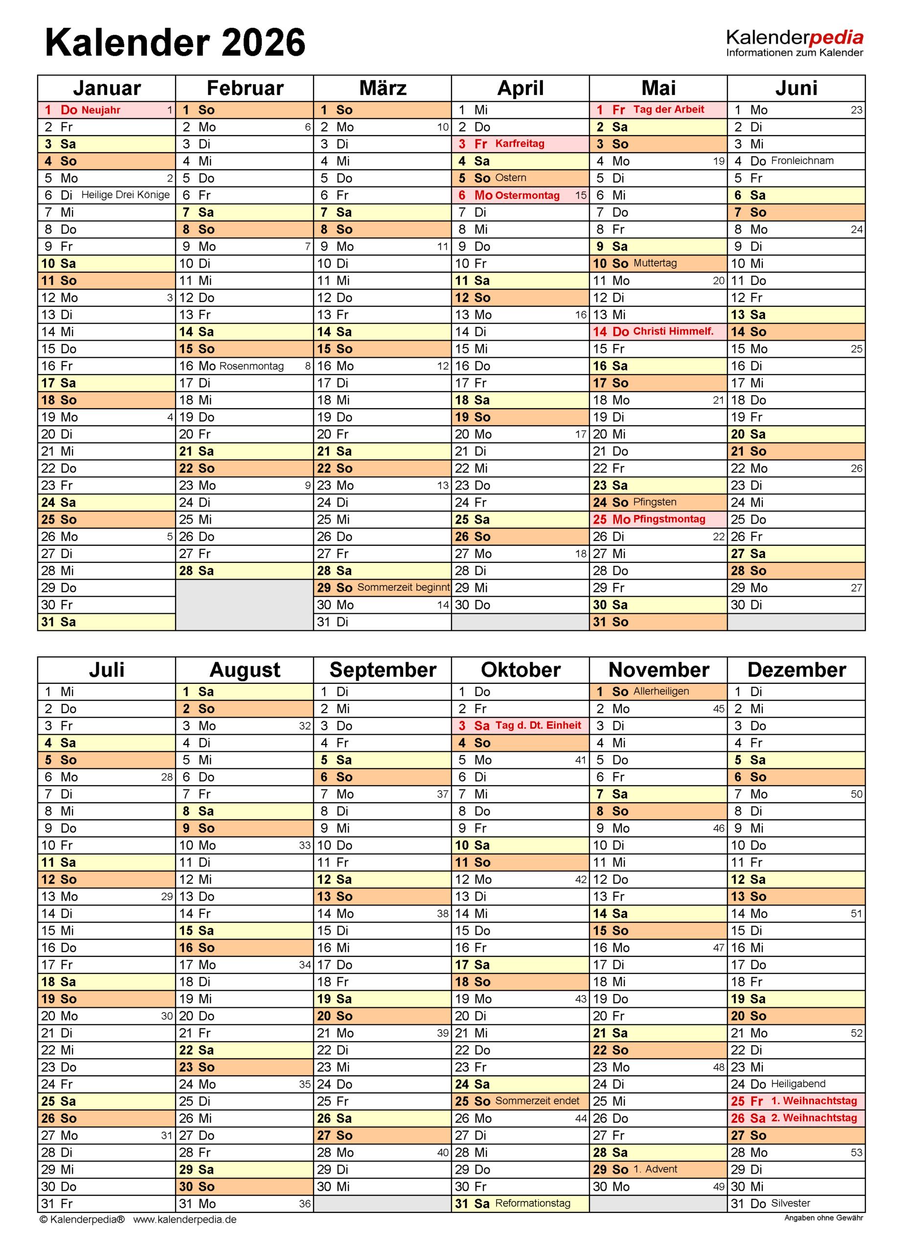 Kalender 2026 Zum Ausdrucken Als Pdf (21 Vorlagen, Kostenlos) | Almanach 2026 Zum Ausdrucken