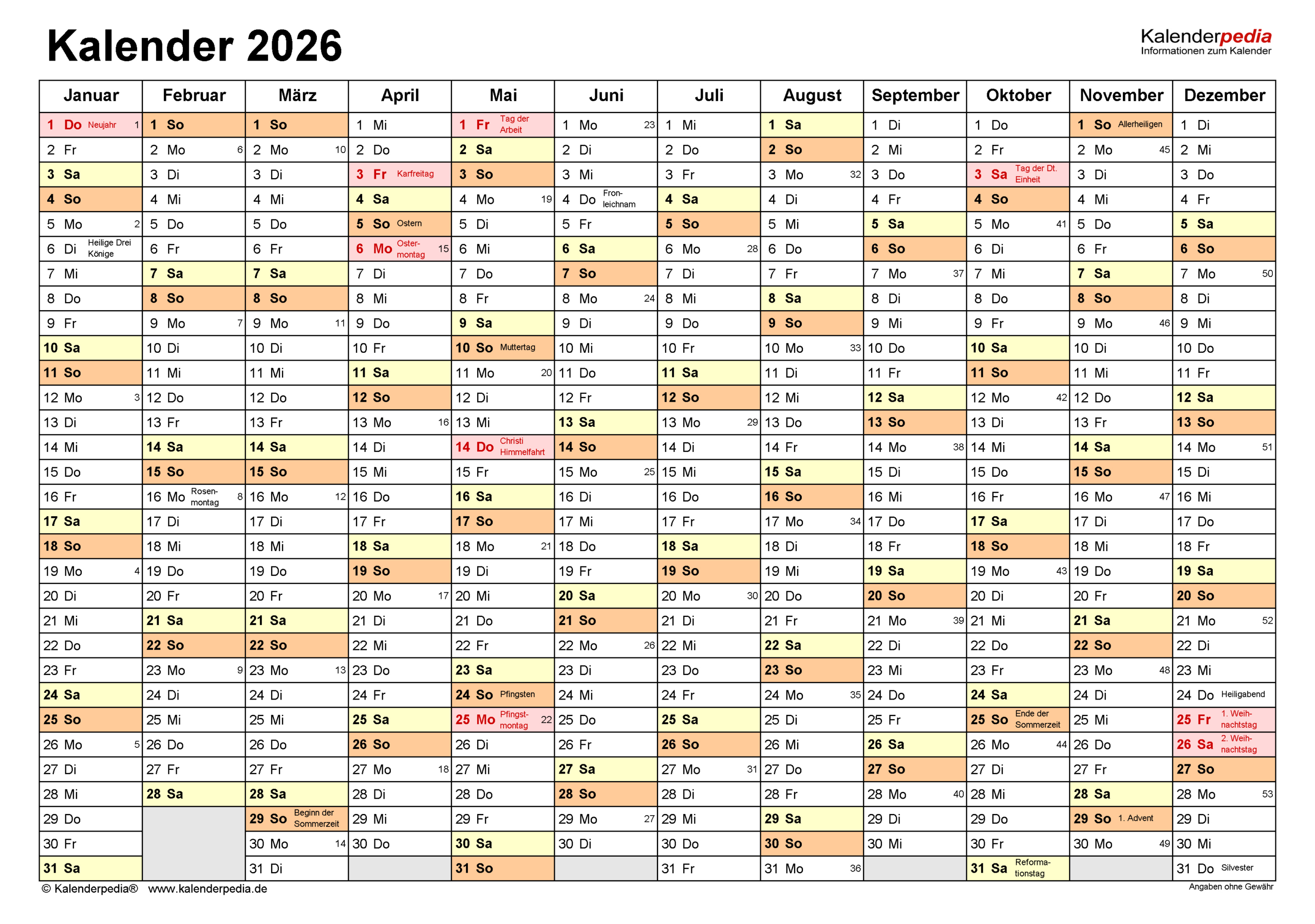 Kalender 2026 Zum Ausdrucken Als Pdf (21 Vorlagen, Kostenlos) | Almanach 2026 Zum Ausdrucken