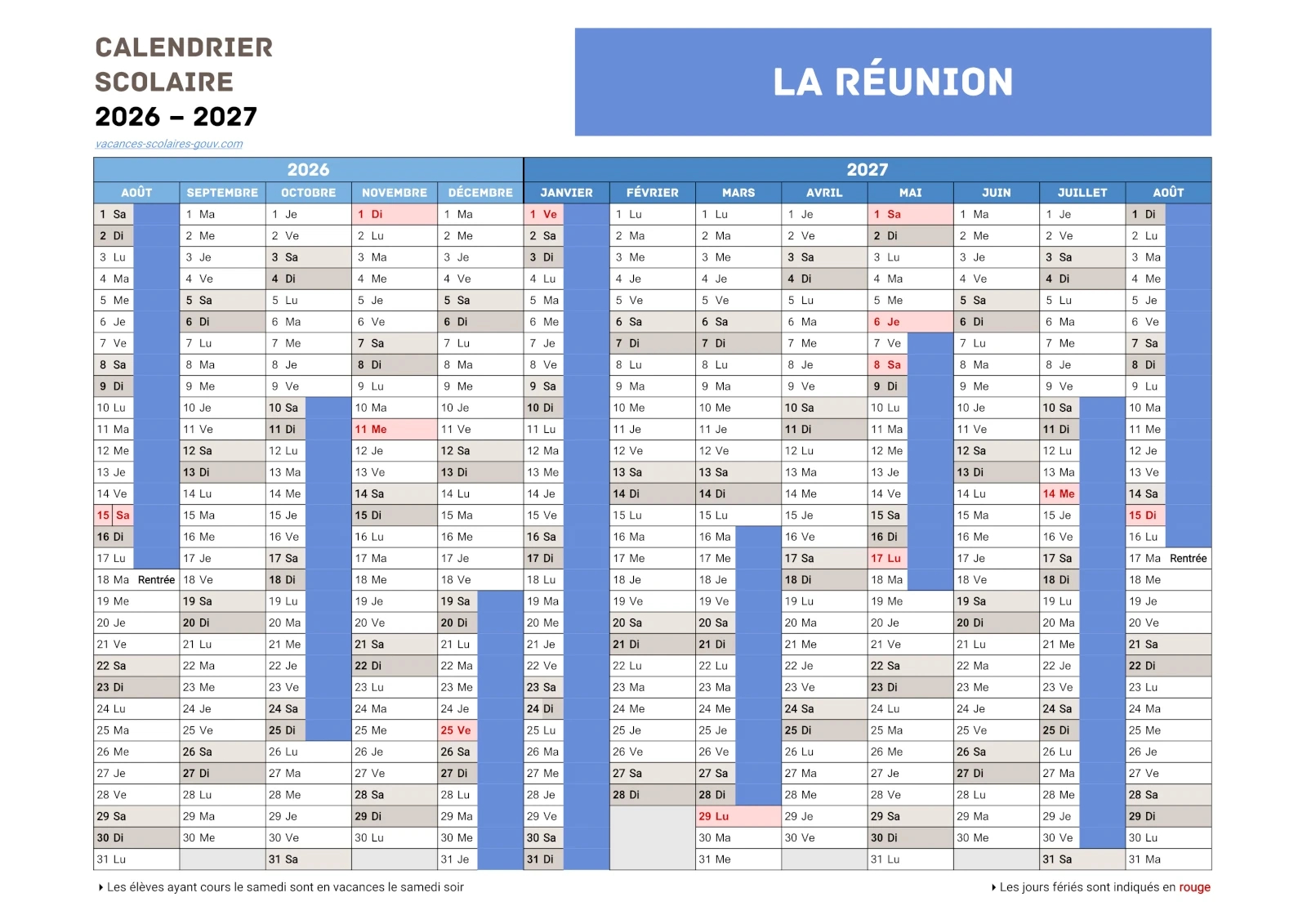 La Réunion • Calendriers Scolaires 2025-2026-2027-2028-2029 Officiels | Calendrier 2026 Réunion