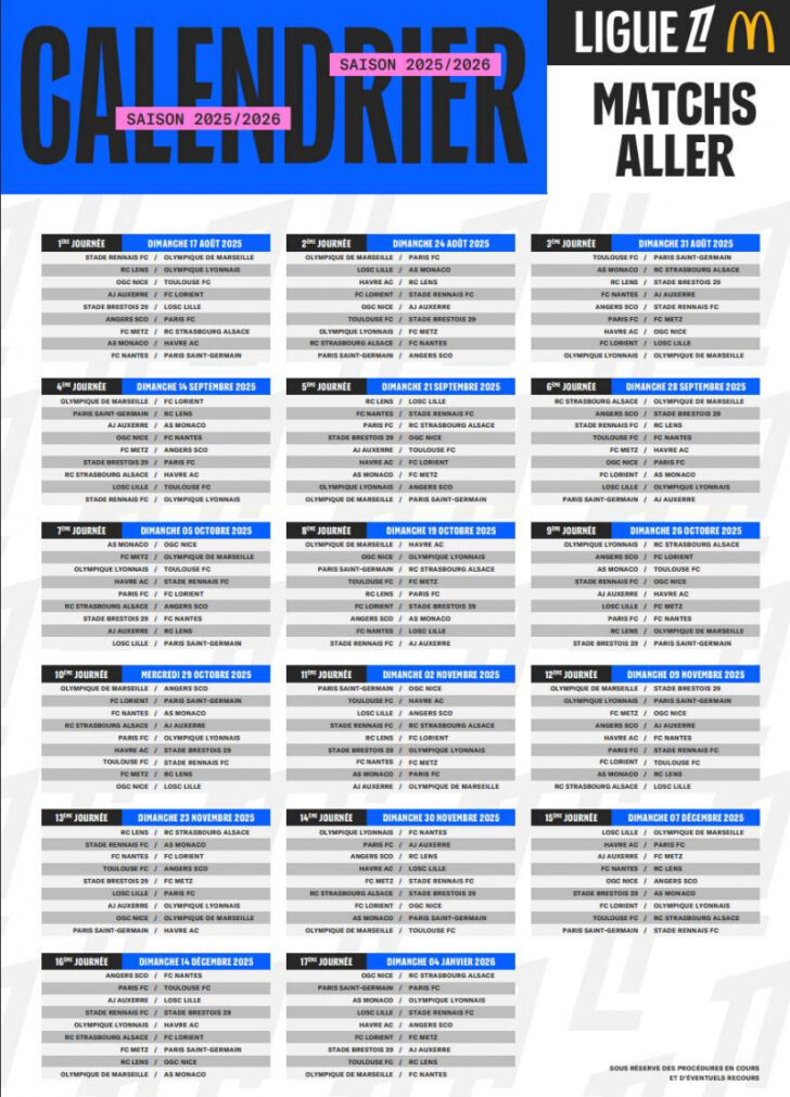 Calendrier de l’OM 2025 2026