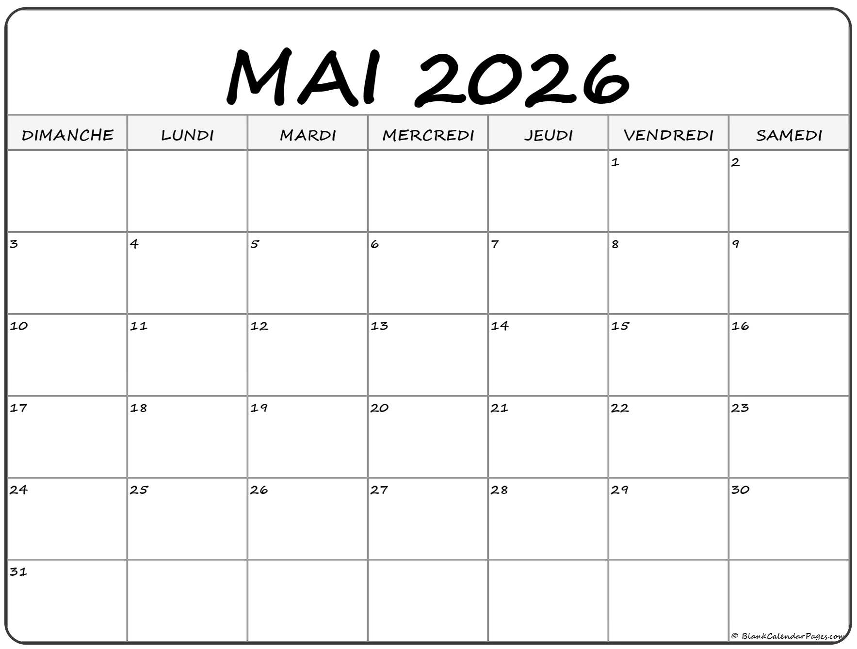 Mai 2026 Calendrier Imprimable | Calendrier Gratuit | Calendrier Mai 2026