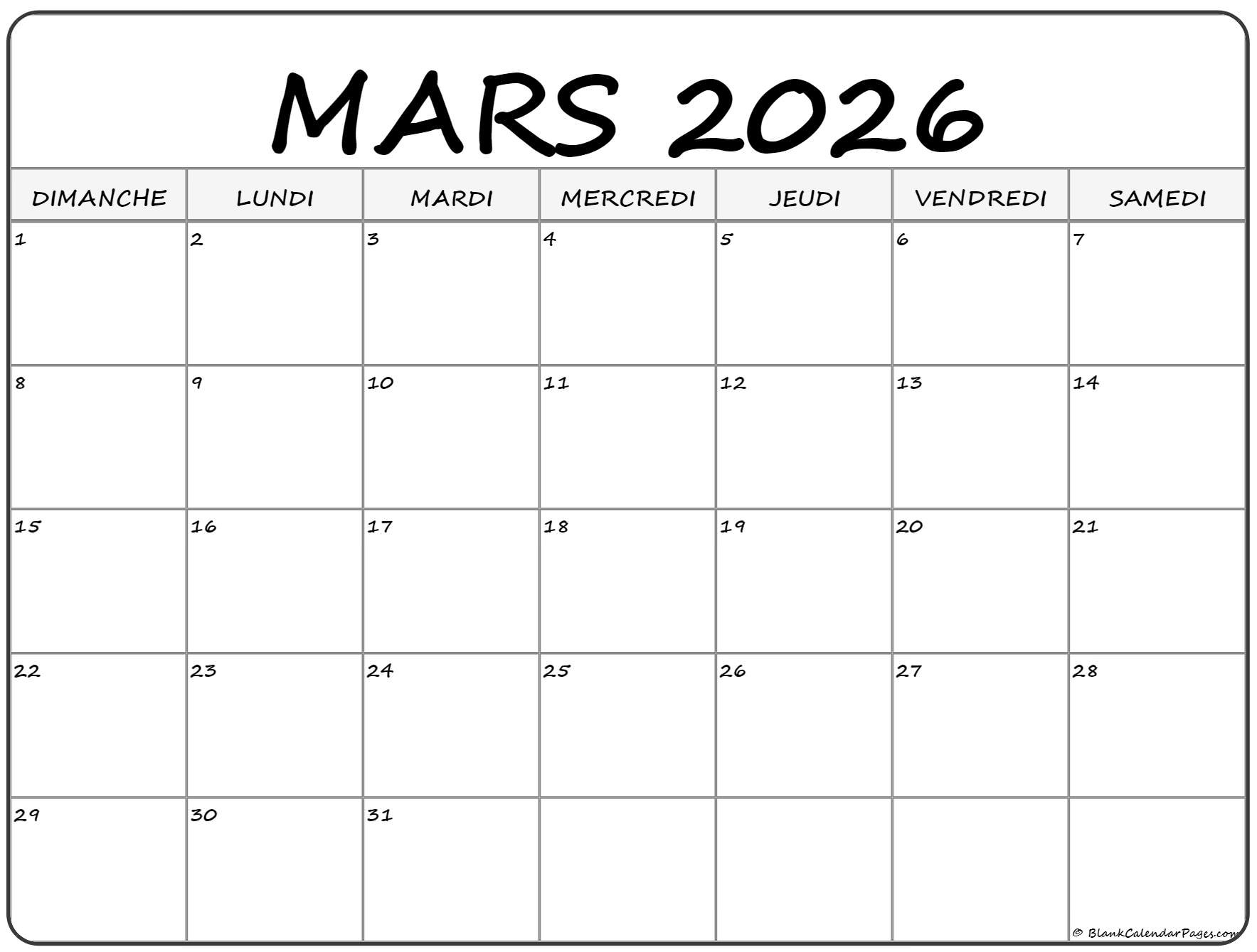 Mars 2026 Calendrier Imprimable | Calendrier Gratuit | Mars 2026 Calendrier