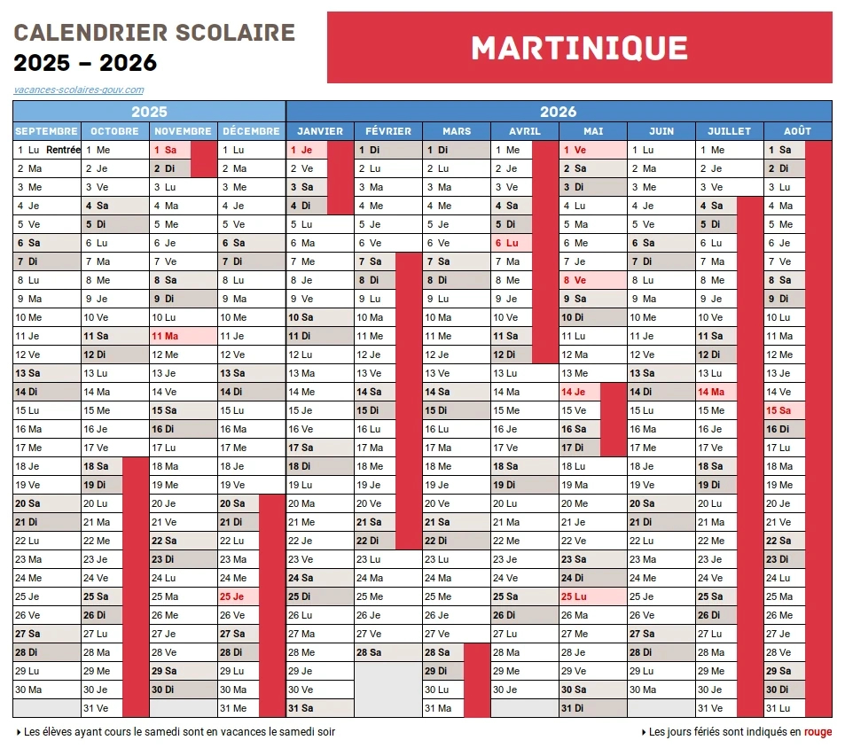 Martinique • Calendrier Scolaire 2026-2027 Officiel | Calendrier 2026 Vacances Scolaires Martinique
