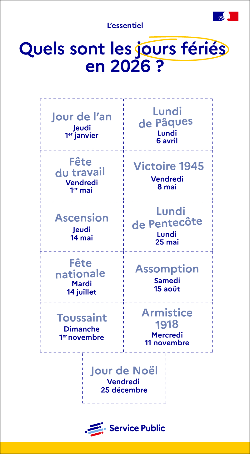 Ponts, Week-Ends Prolongés -Les Jours Fériés En 2026 | Service Public | Calendrier 2026 Avec Jours Fériés