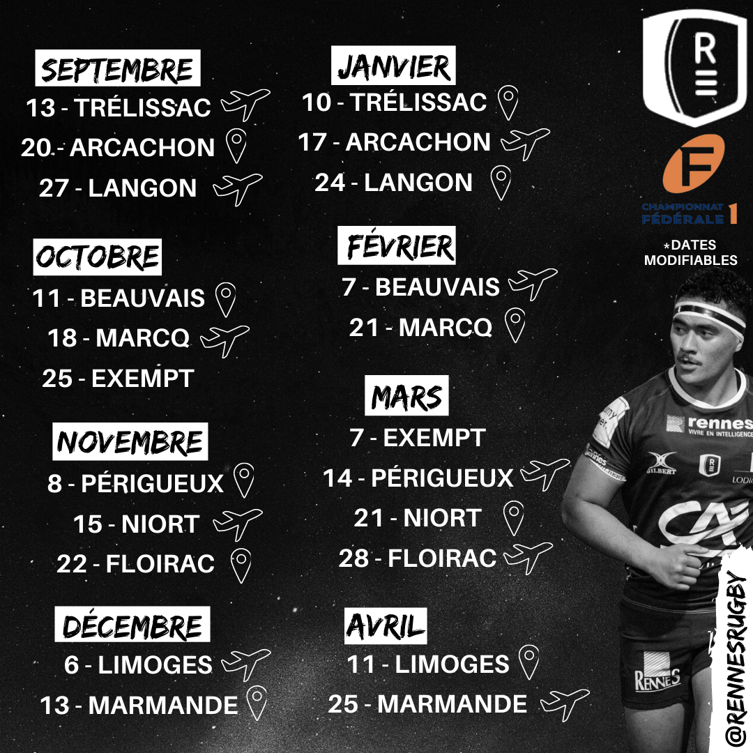 Rennes Rugby - Rugby, Fédérale 1, Poule, France, Calendrier, Rennes | Calendrier Fédérale 1 2026
