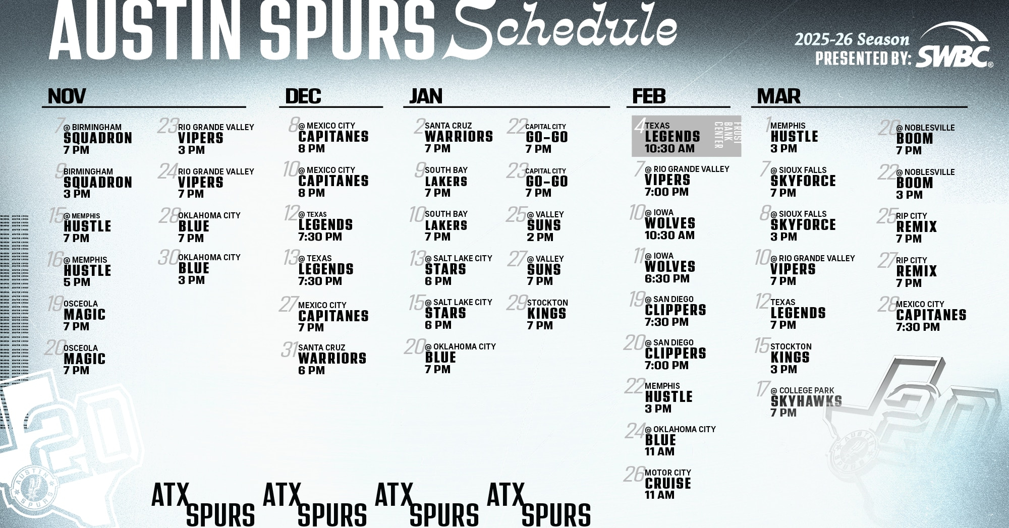 Schedule 2025-26 - Austin Spurs | Calendrier Spurs NBA 2025 2026