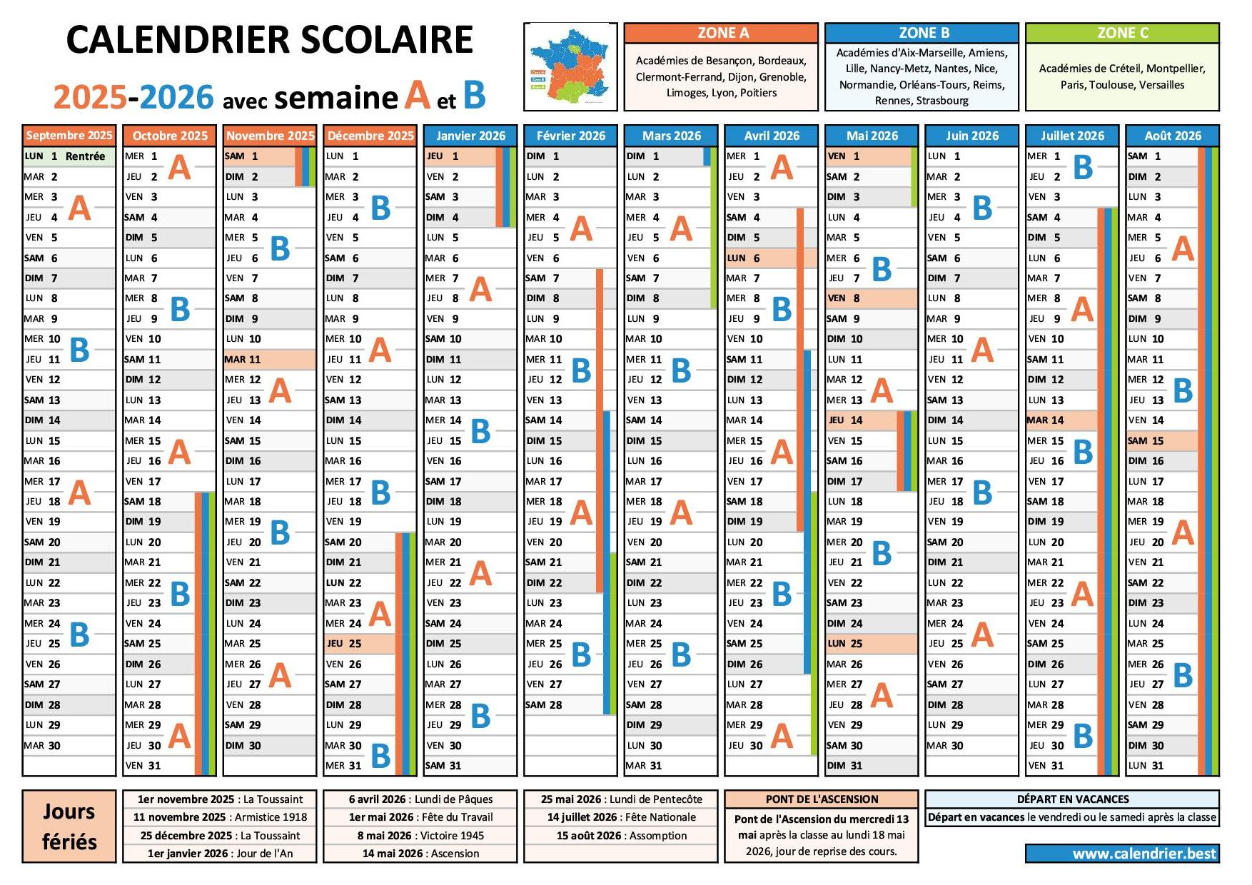 Semaine A Et B 2025-2026 | Calendrier Scolaire 2025-2026 Avec Les | Calendrier 2025 2026 Avec Semaines