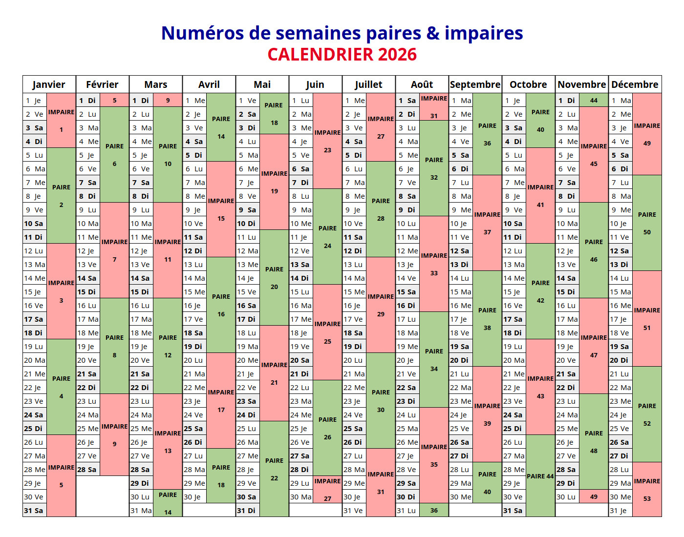 Semaine Paire Et Impaire 2025-2026 &amp;amp; Numéros De Semaine | Calendrier 2026 avec Semaine Paire et Impaire