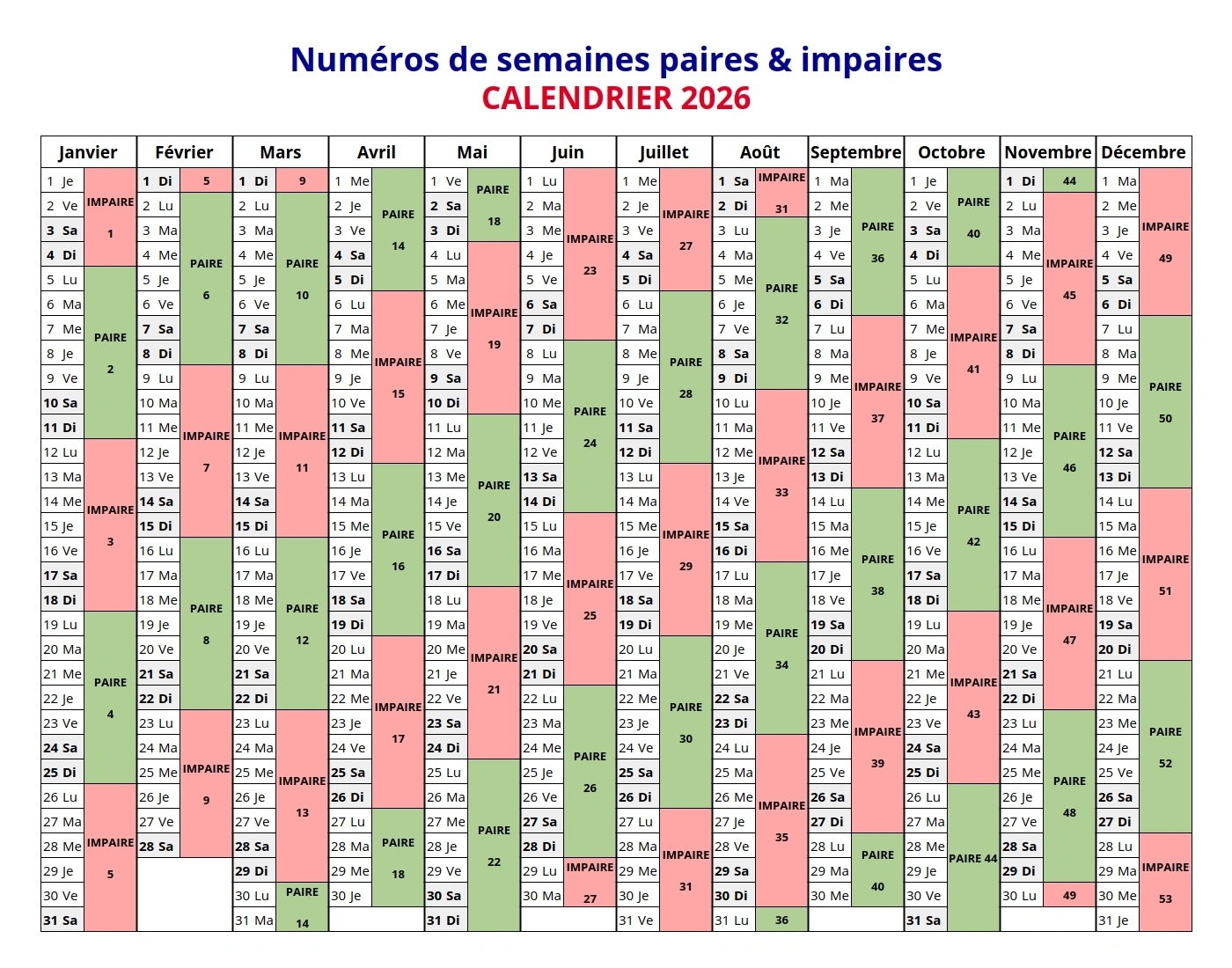 Semaine Paire Et Impaire 2025-2026 &amp;amp; Numéros De Semaine | Calendrier 2026 Semaines Paires Et Impaires