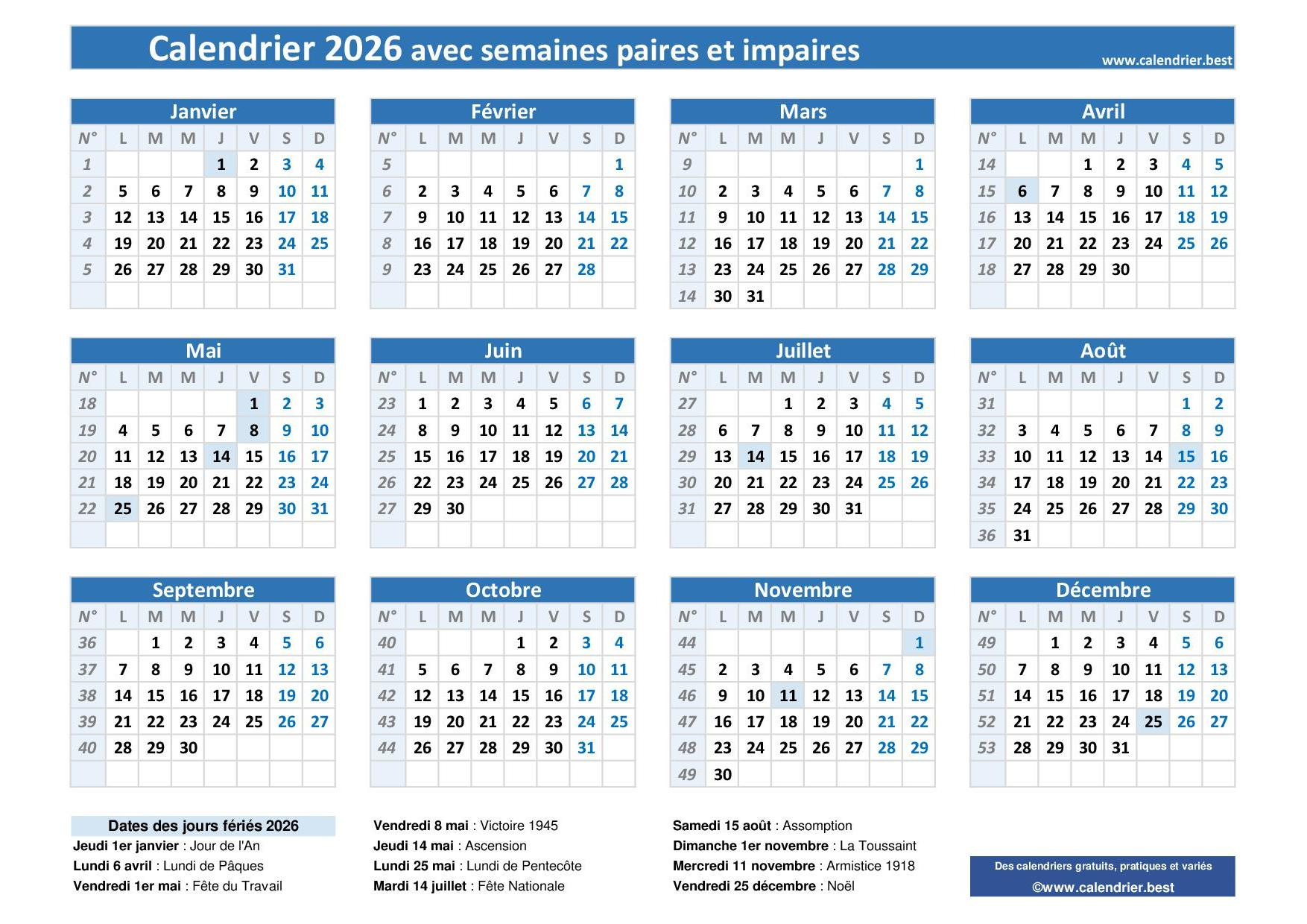 Semaine Paire Et Impaire 2026 -Calendrier.best | Calendrier 2026 Semaines Paires Et Impaires