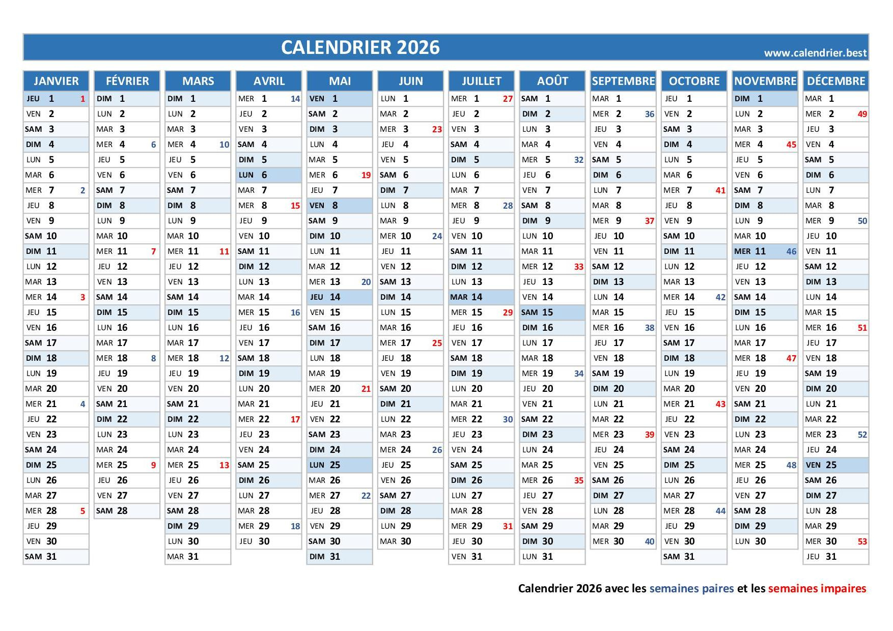 Semaine Paire Et Impaire 2026 -Calendrier.best | Calendrier Semaine Paire Impaire 2026