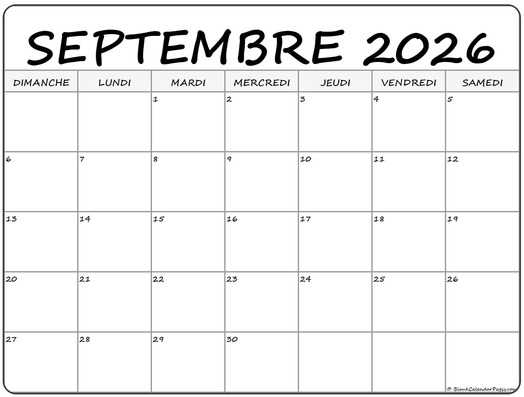 Septembre 2026 Calendrier Imprimable | Calendrier Gratuit | Calendrier Septembre 2026