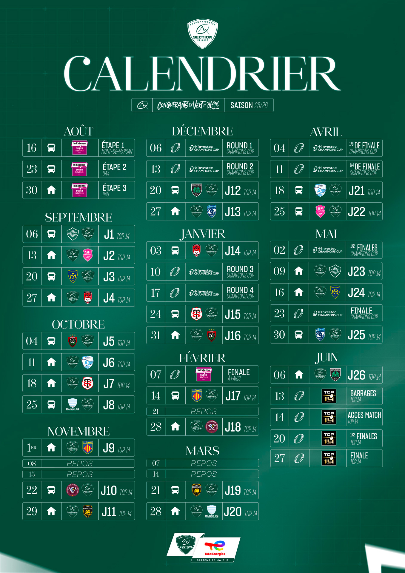 Top 14 : Le Calendrier 2025-2026 ! - Section Paloise | Calendrier Top 14 2026