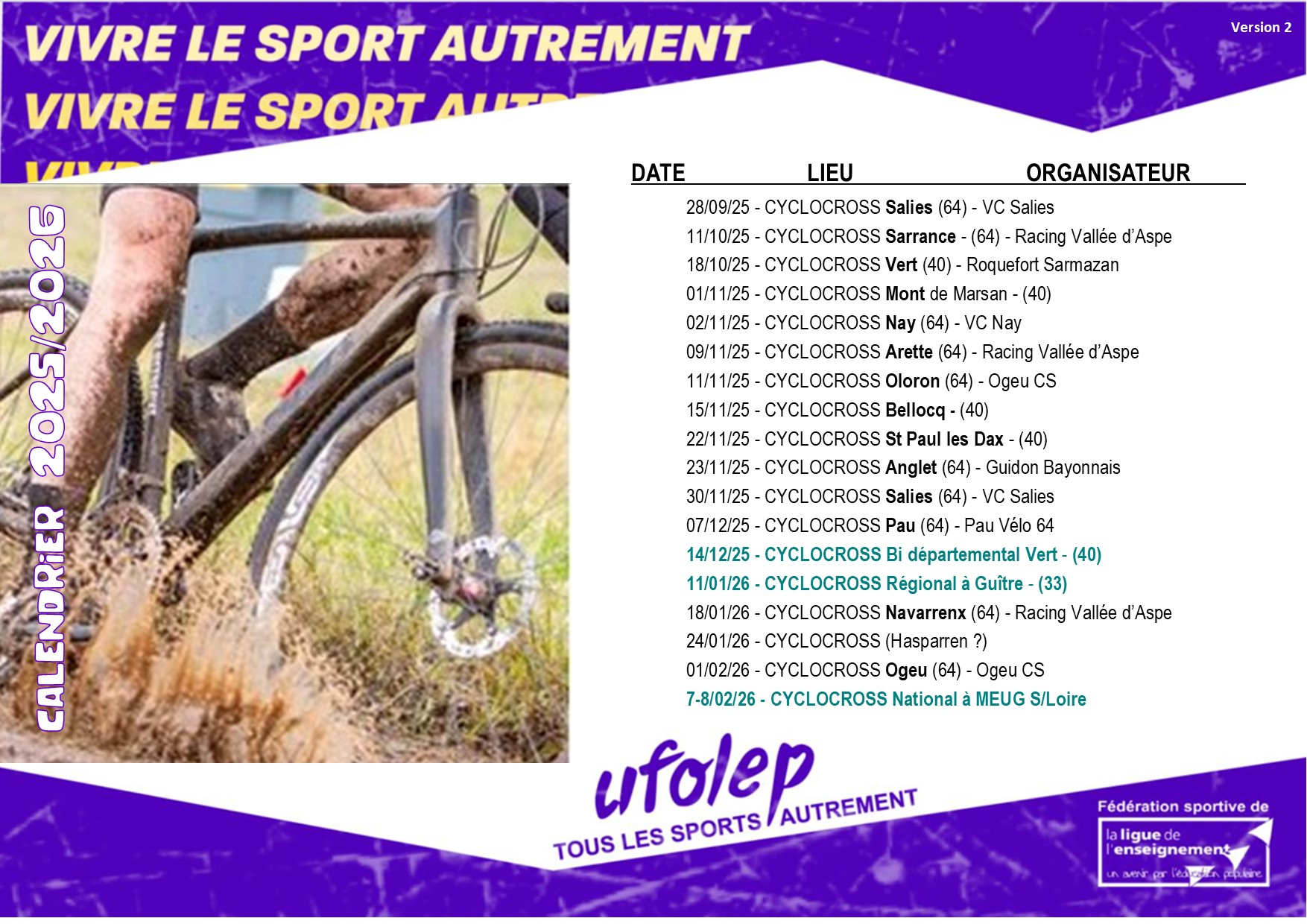 Ufolep - Pyrénées-Atlantiques : - Saison Cyclo-Cross 2025/2026 | Calendrier Cyclo Cross 2025 2026