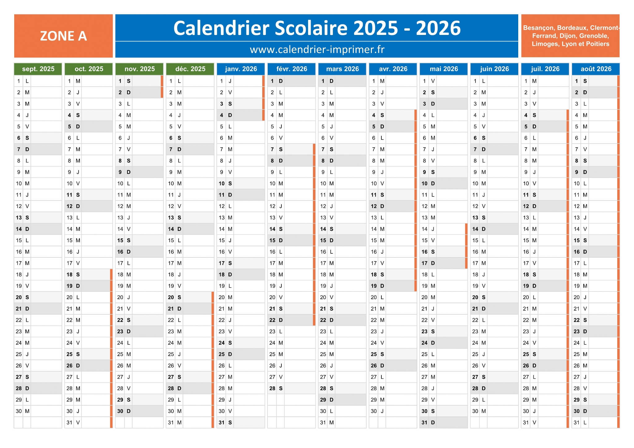 Vacances Scolaires 2025-2026 De La Zone A | Calendrier 2025 2026 Imprimer