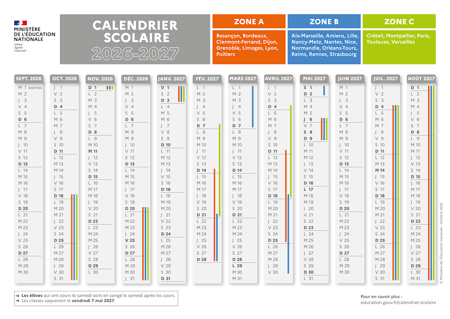 Vacances Scolaires 2026-2027 ⇒ Calendrier Officiel + Jours Fériés | Calendrier 2026 2027