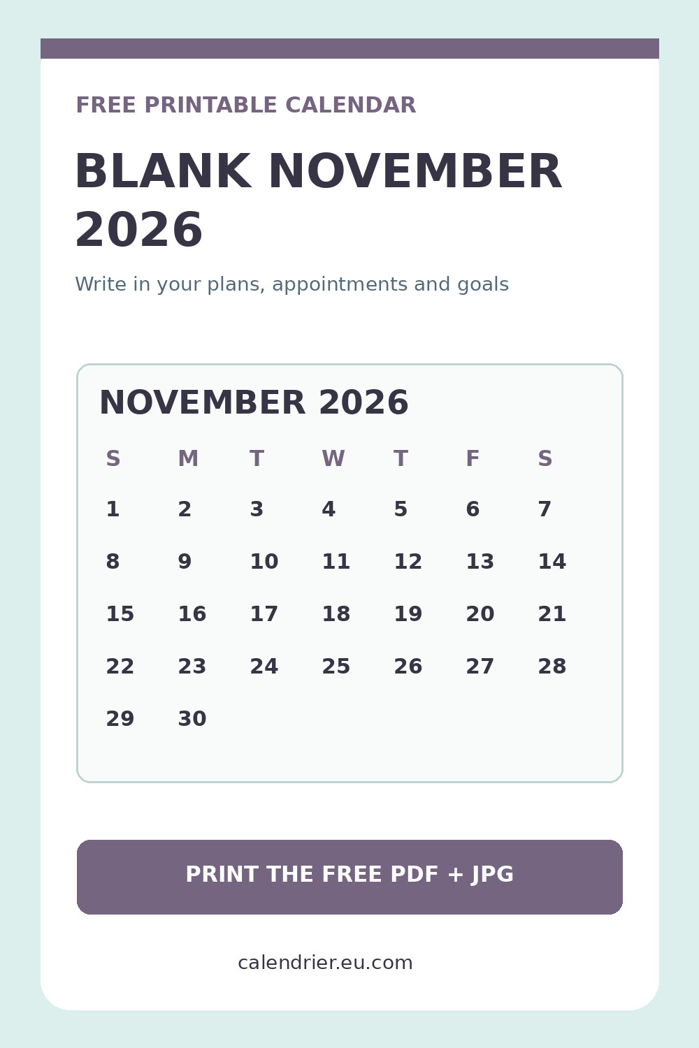 Blank November 2026 calendar printable with large date boxes