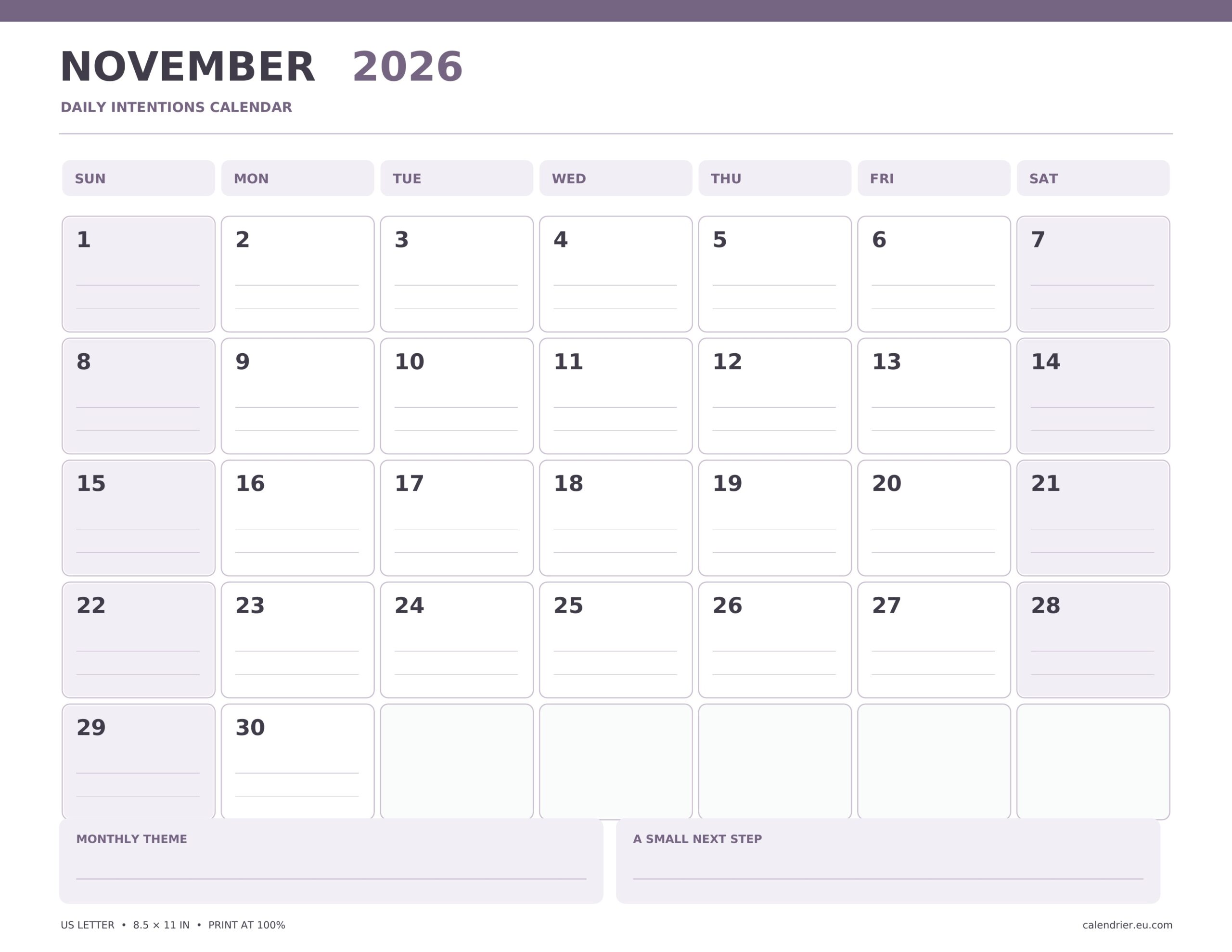 November 2026 daily intentions calendar with Sunday-start dates and writing lines