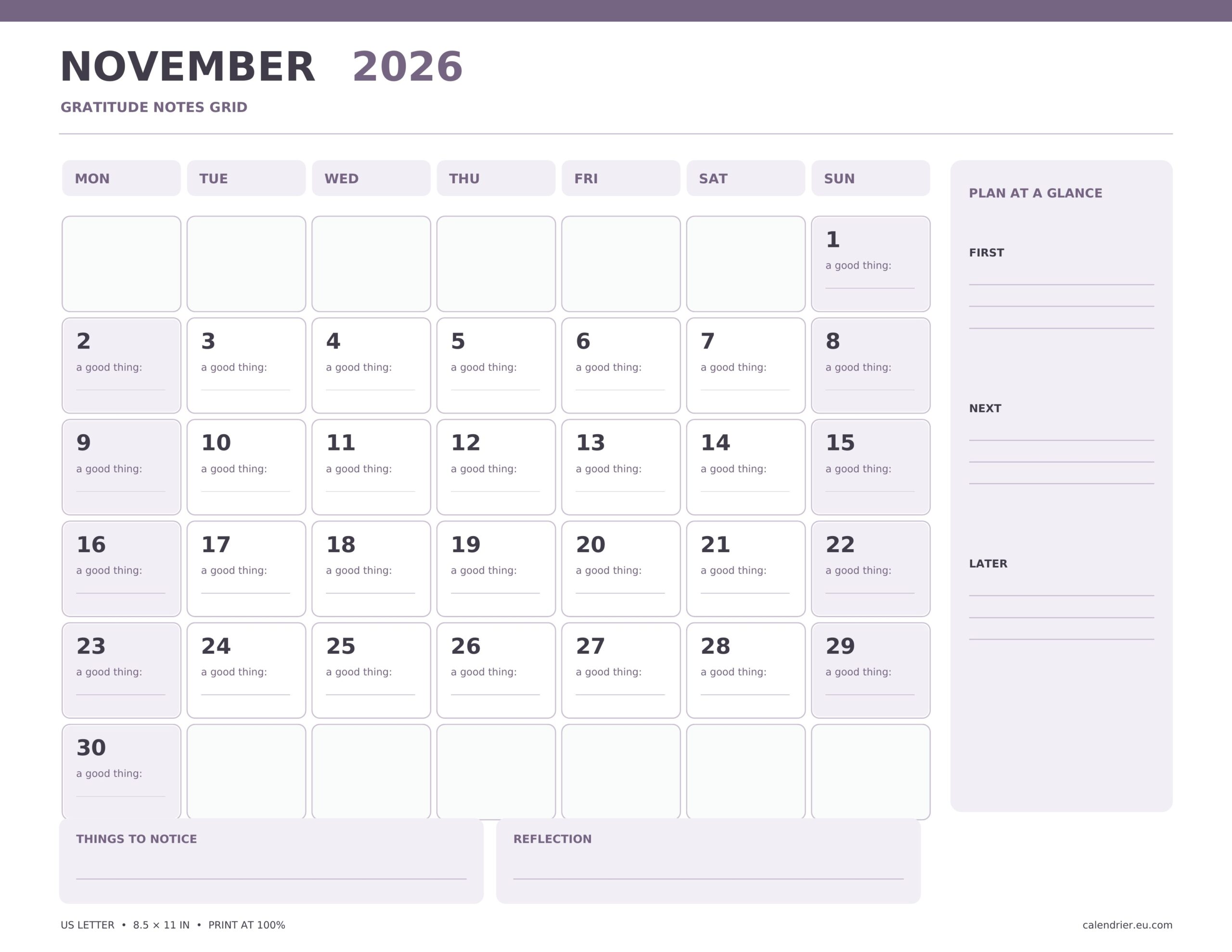 November 2026 gratitude calendar with Monday-first week and dated boxes
