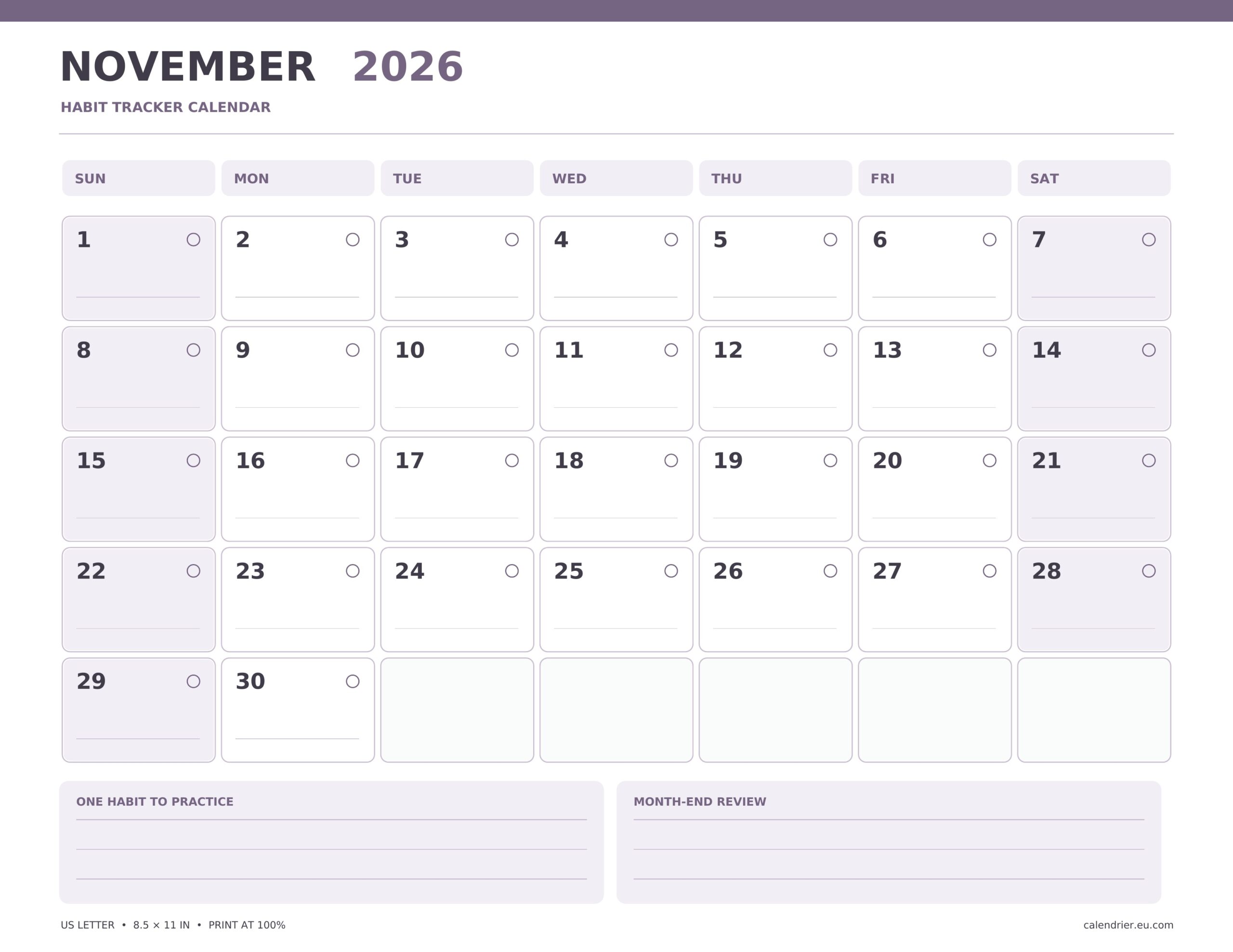 November 2026 habit tracker calendar with correct dates and a review area