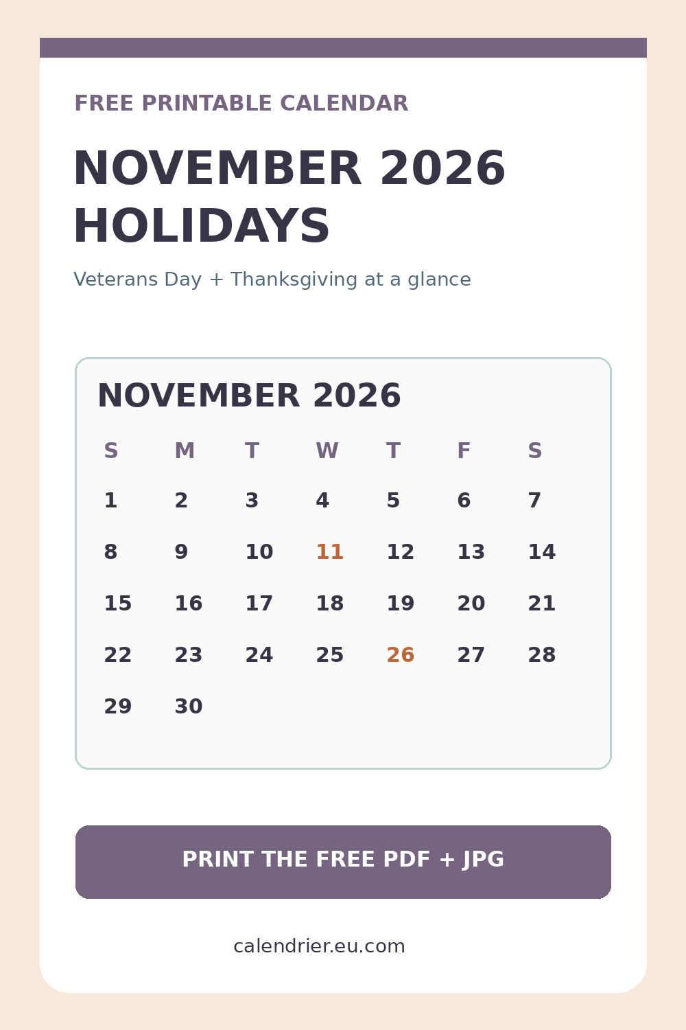 November 2026 calendar with Veterans Day and Thanksgiving, Pinterest graphic