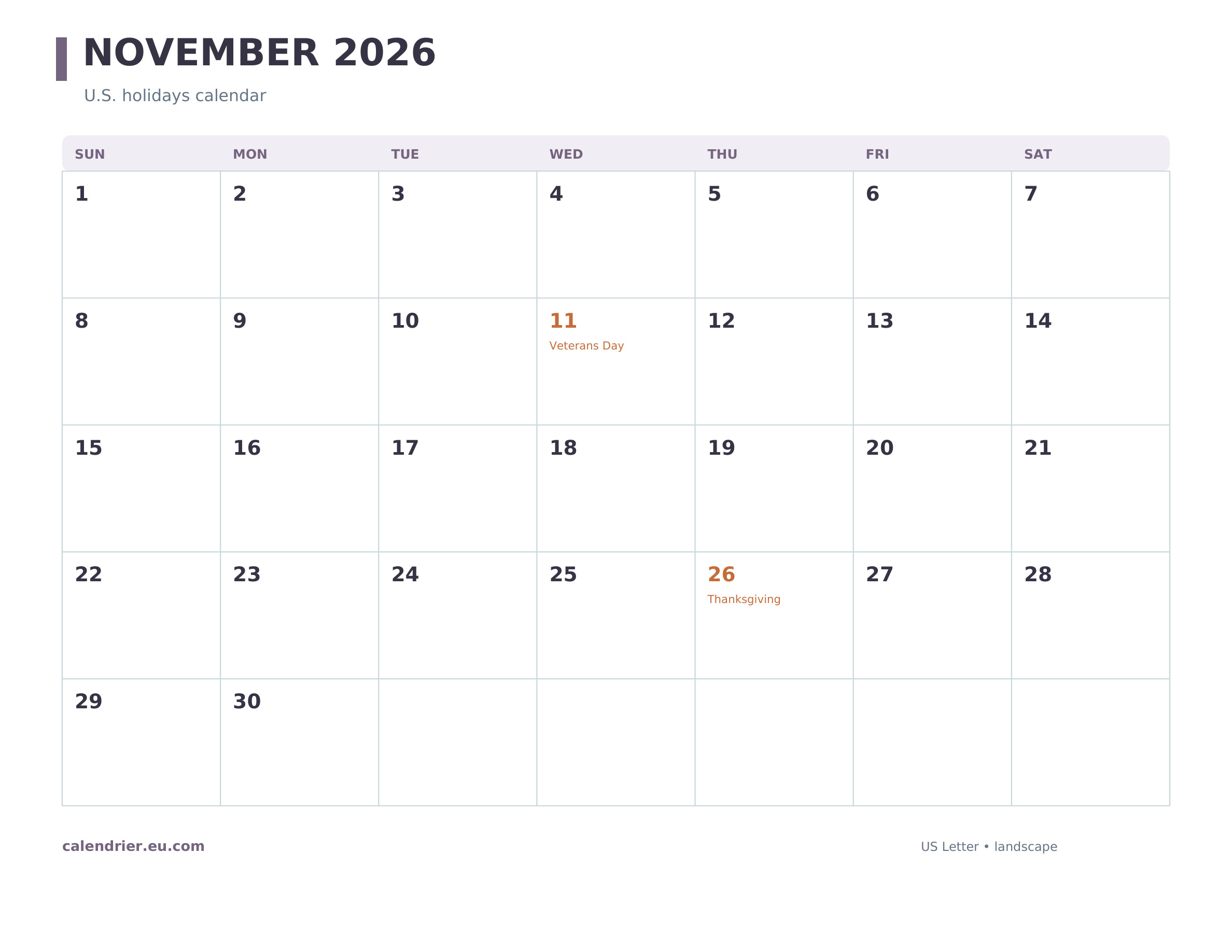November 2026 calendar with Veterans Day November 11 and Thanksgiving November 26 labeled
