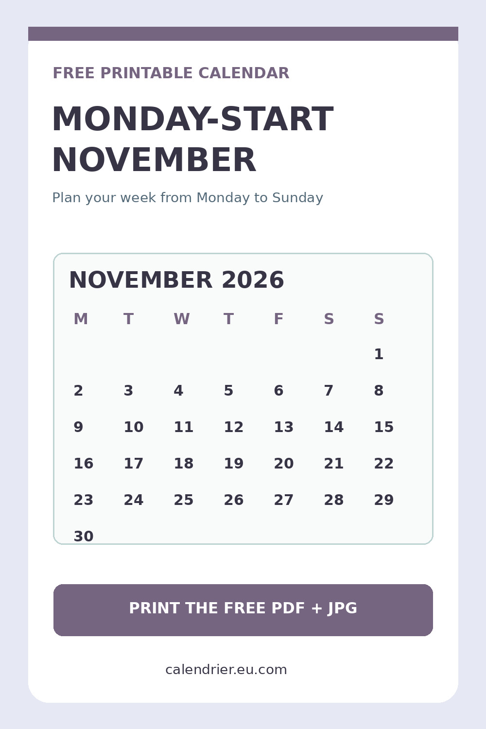 Monday-start November 2026 calendar printable, Pinterest graphic