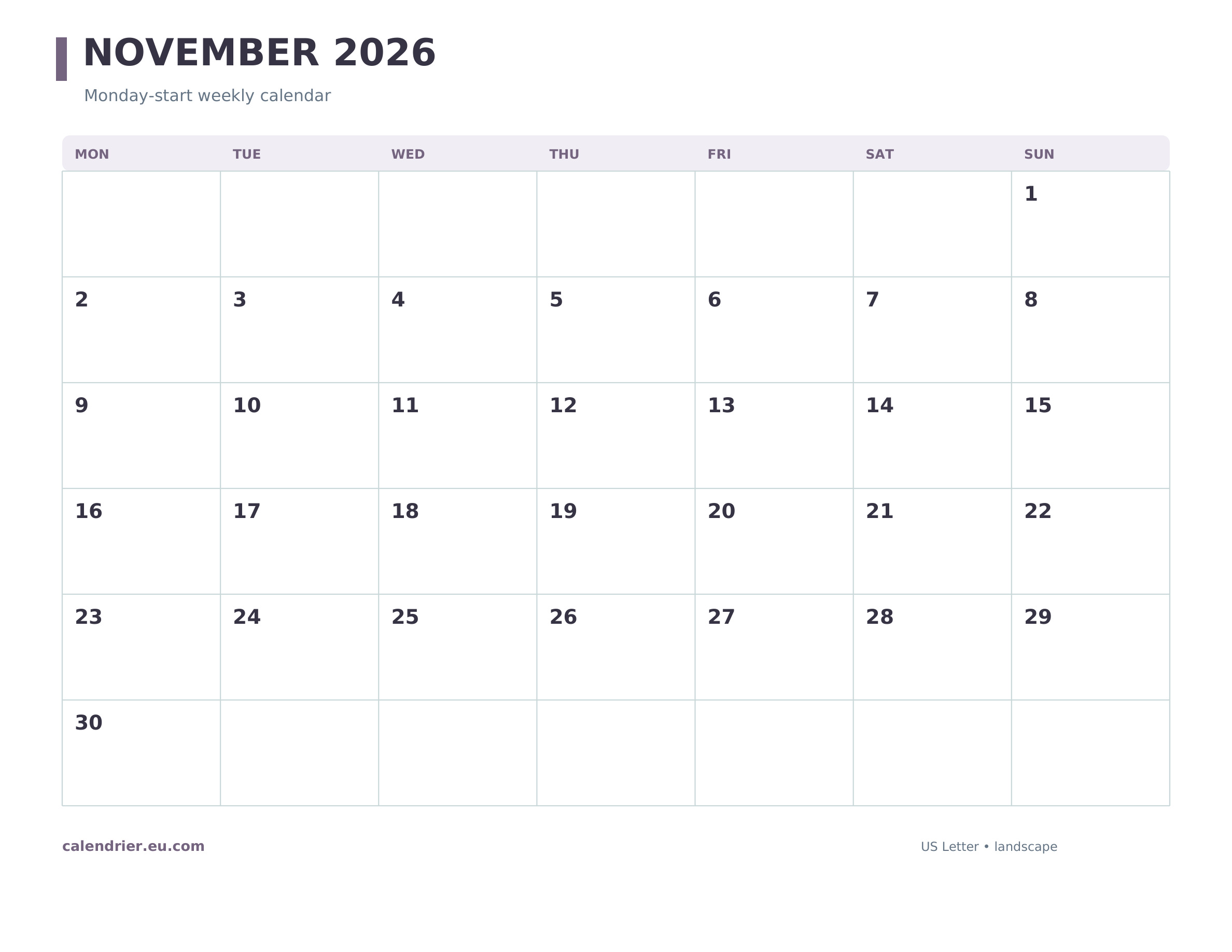 November 2026 Monday-start calendar with six rows and correct day positions
