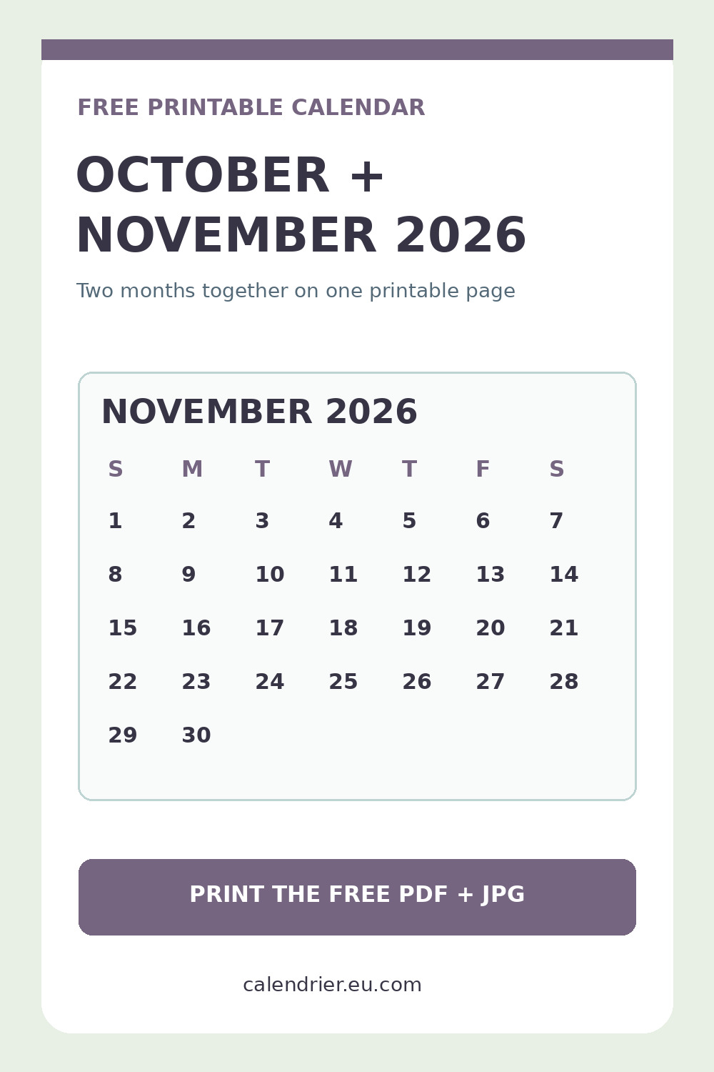 October and November 2026 calendar printable, Pinterest graphic