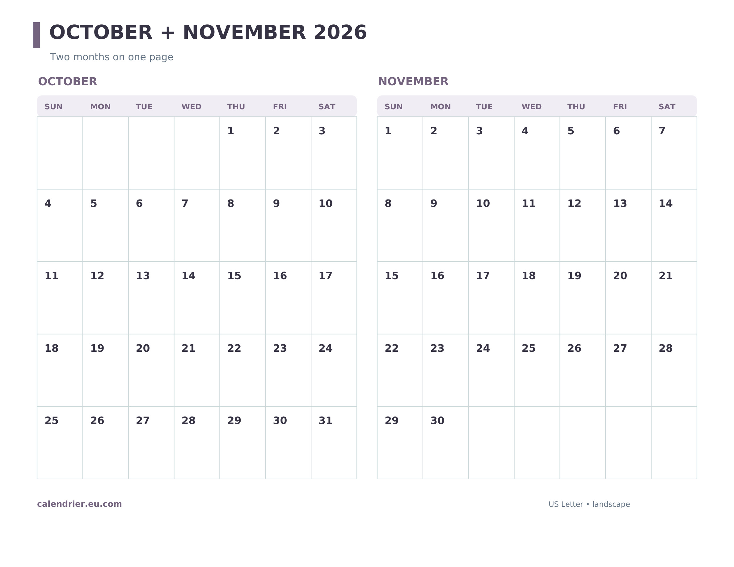 October and November 2026 two-month calendar with both correctly dated grids