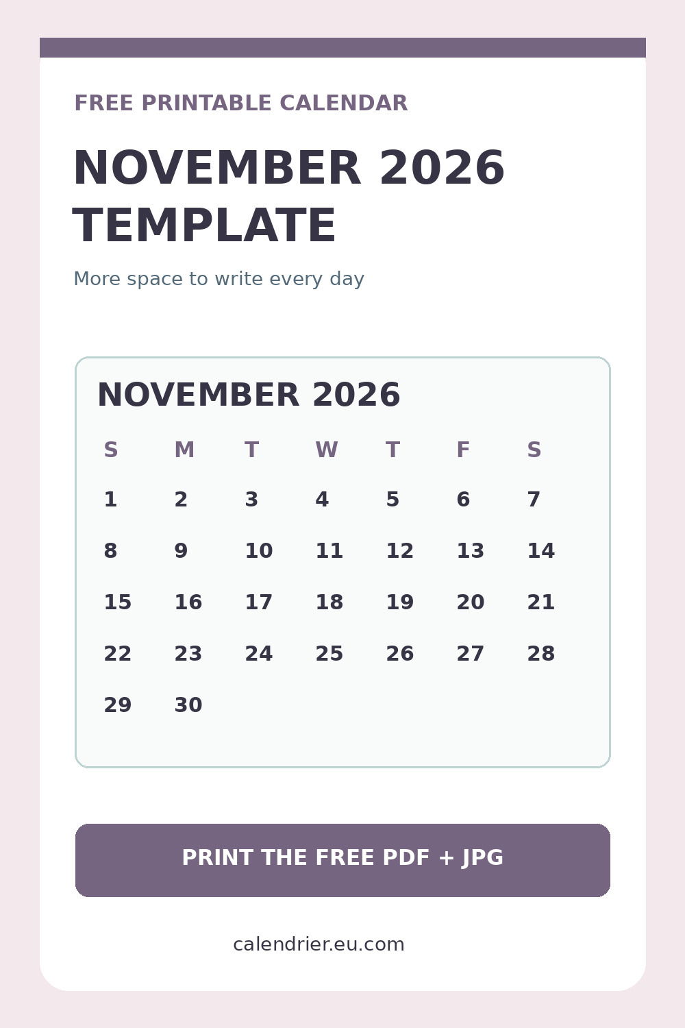 November 2026 calendar template with large writing boxes, Pinterest graphic