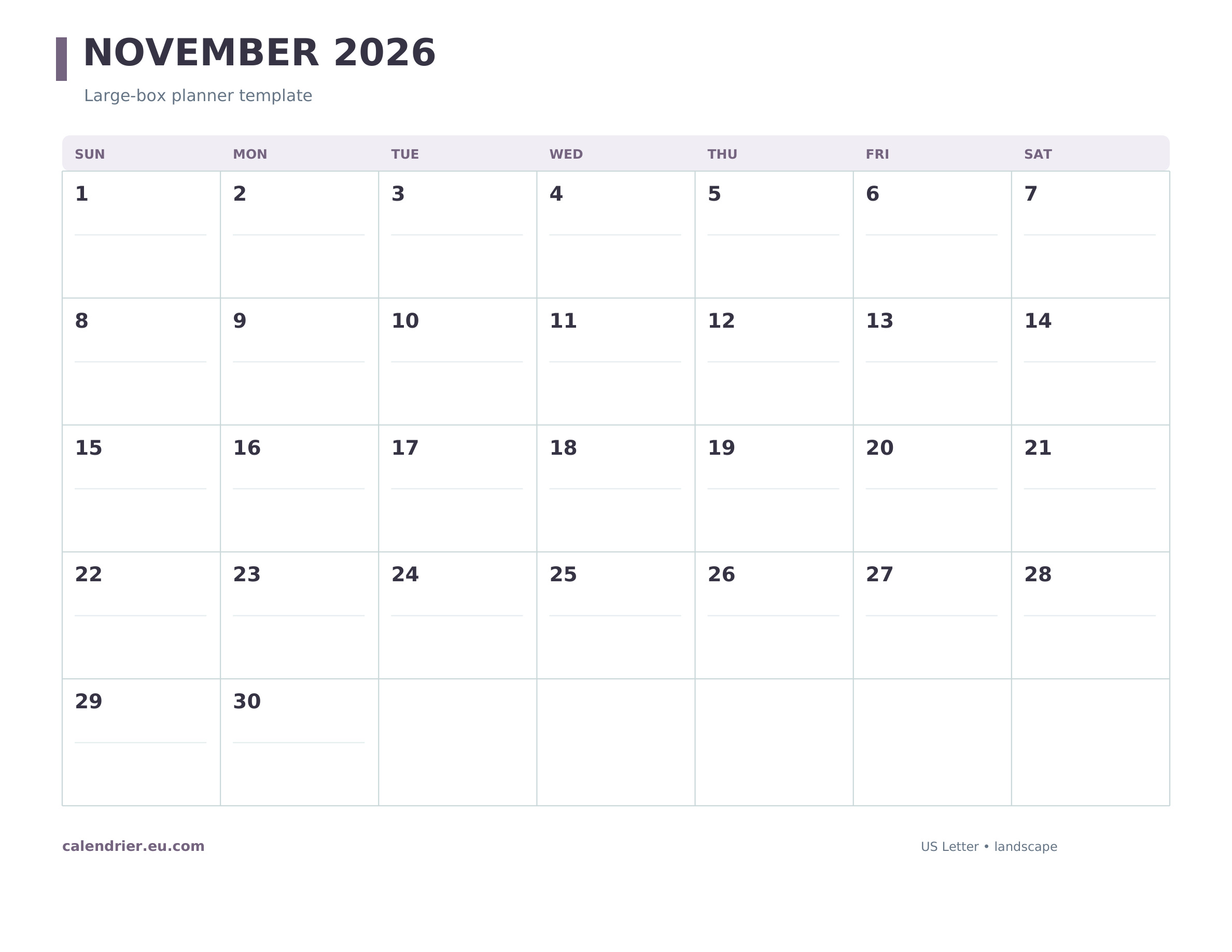 November 2026 large-box calendar template with open writing space